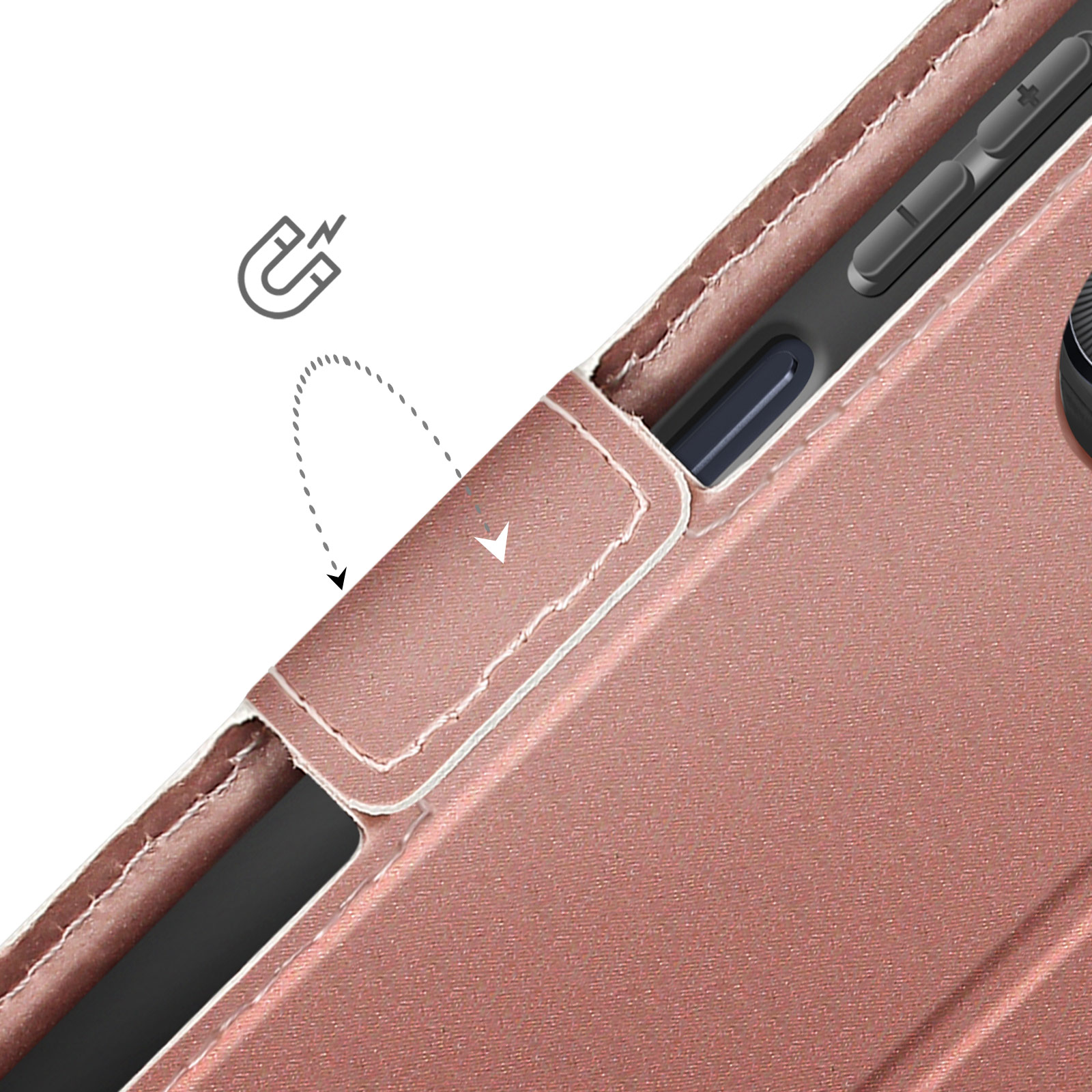 Una custodia rosa per telefono con un simbolo di chiusura magnetica. La patta è parzialmente aperta.