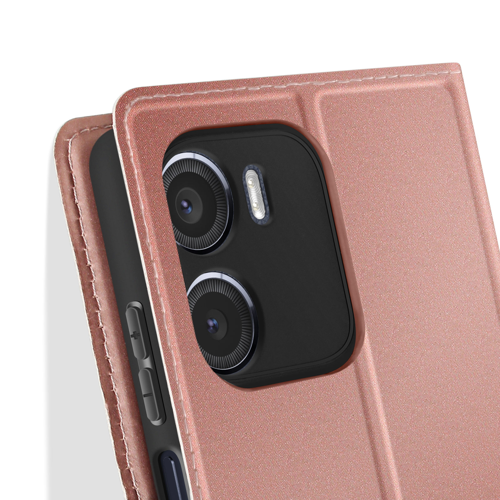 Primo piano di una custodia per telefono oro rosa con un telefono dentro. Le lenti della fotocamera sono visibili.