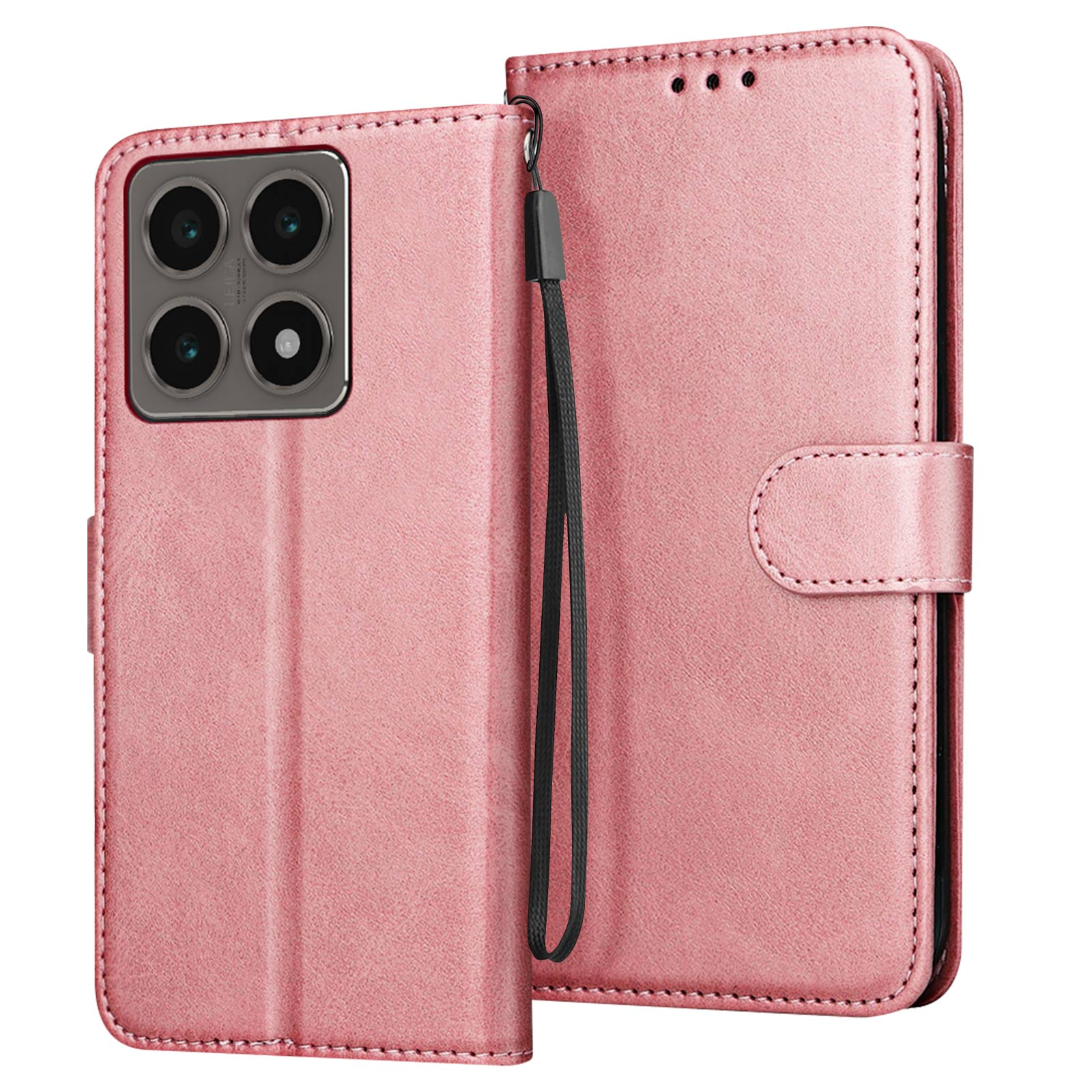 Custodia per telefono rosa, aperta, con cinturino da polso. Telefono con ritagli per fotocamera visibile.