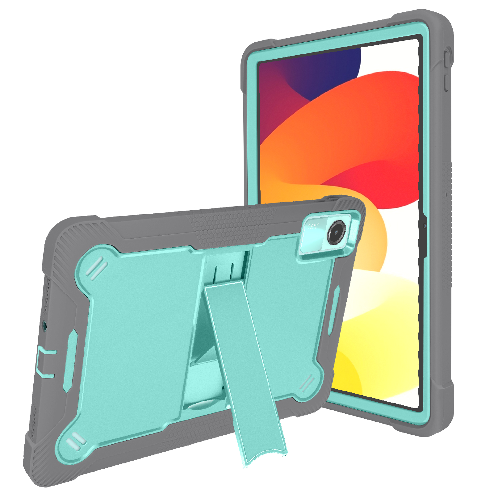 Un tablet in una custodia grigia e verde acqua, sostenuto da un cavalletto.