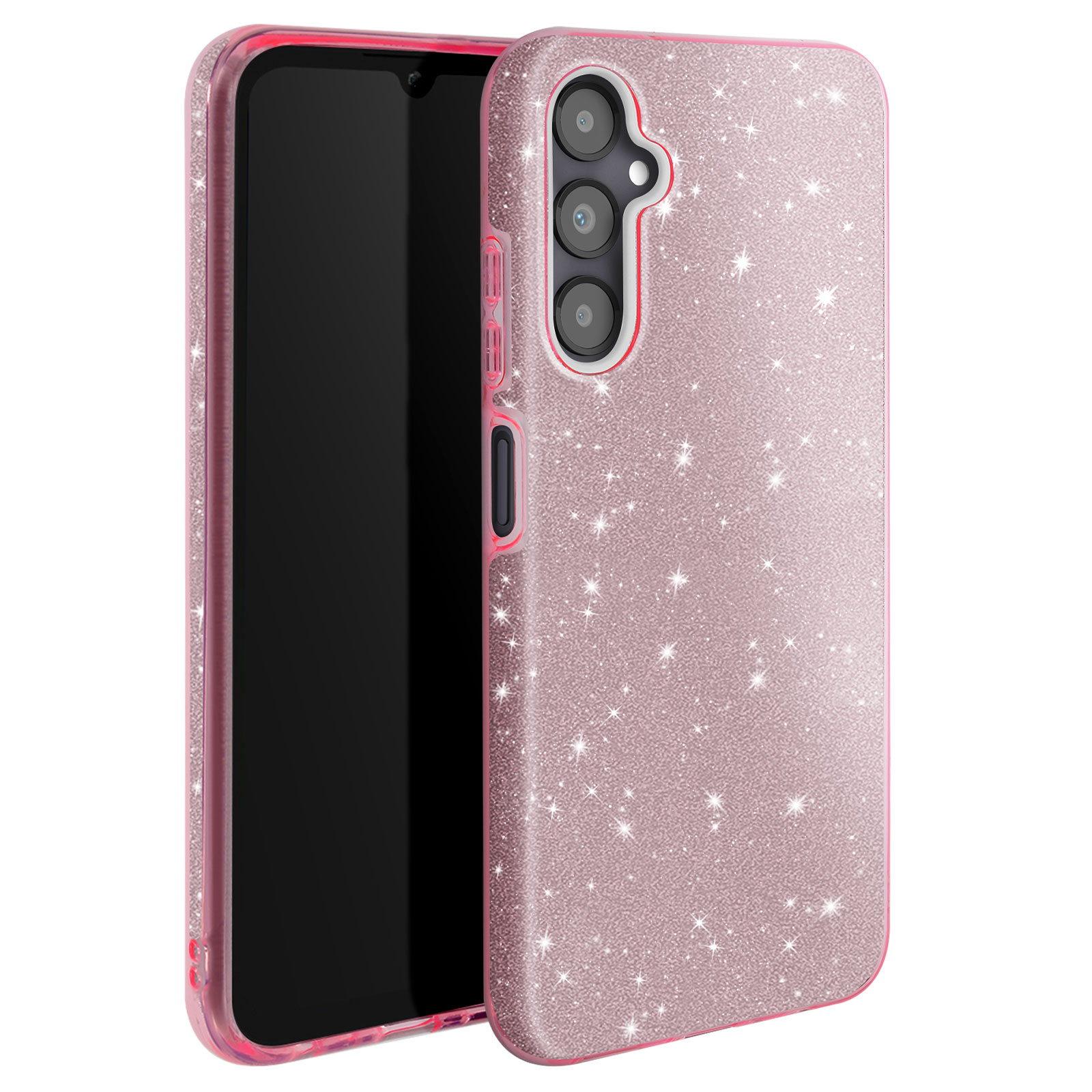 Custodia per telefono rosa glitterata con un telefono all'interno. Il modulo fotocamera è visibile sul retro.