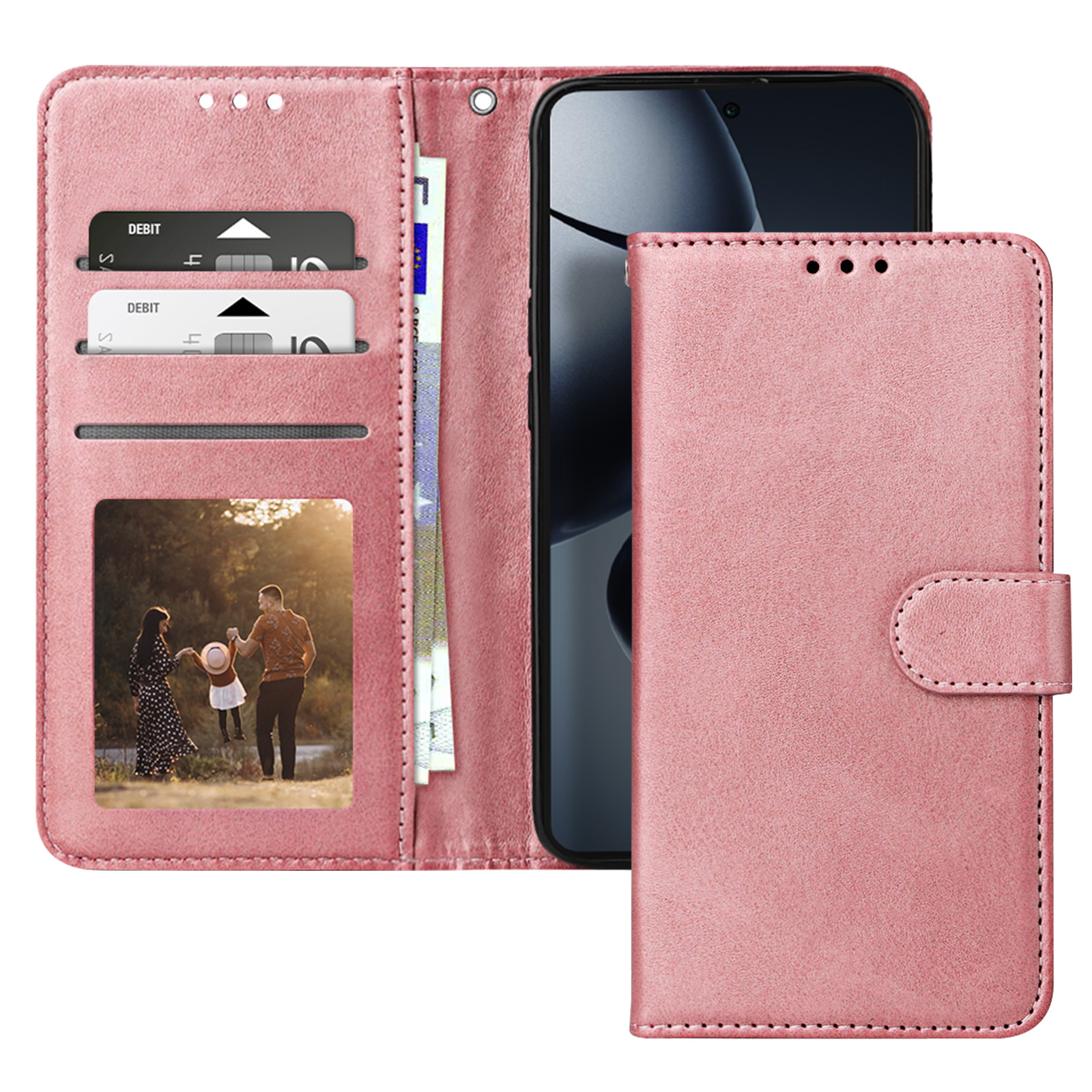 Custodia per telefono rosa, aperta, con carte di debito, denaro e foto di famiglia. Il telefono è all'interno.