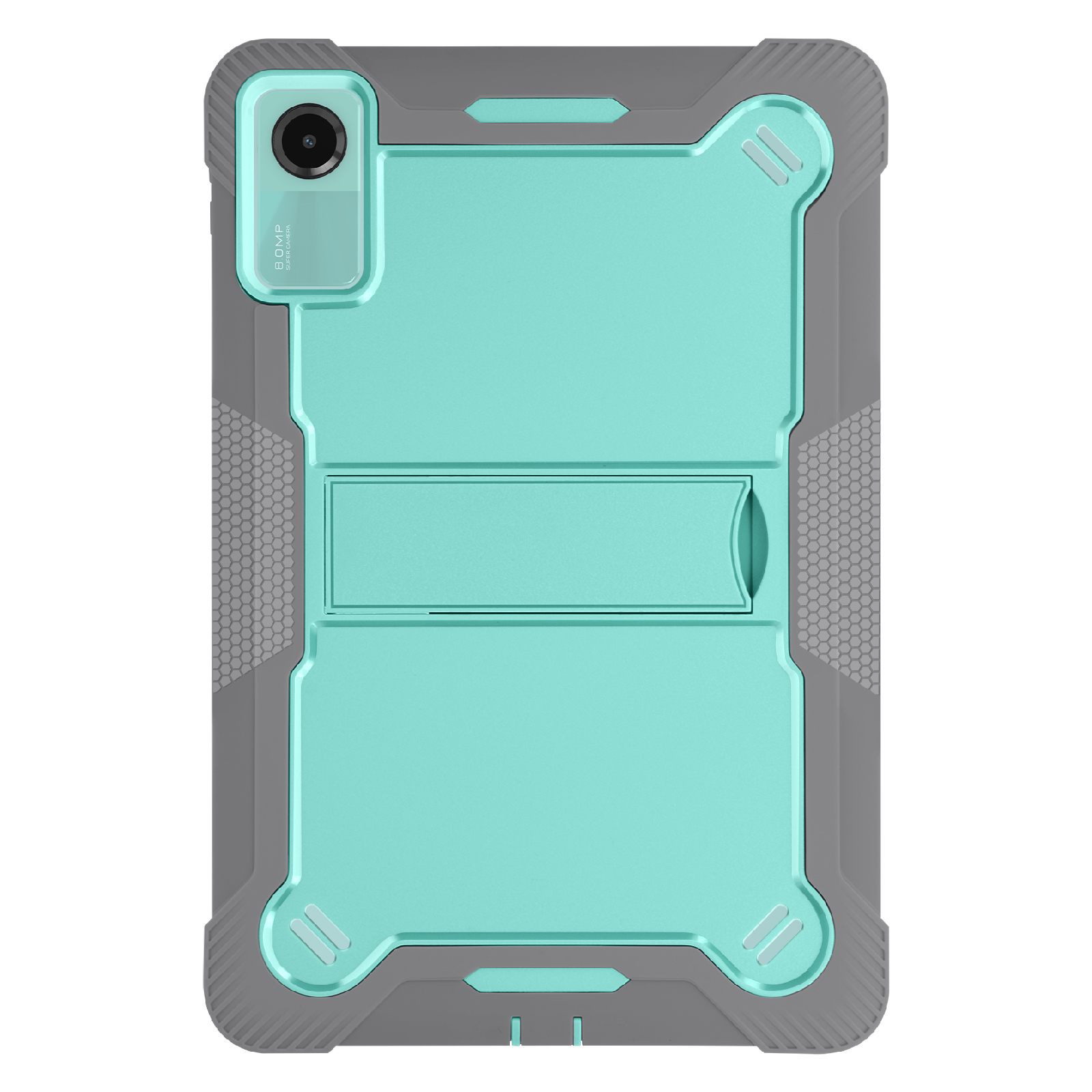Tablet in una custodia grigia e verde acqua. La custodia ha un supporto integrato. L'obiettivo della fotocamera è in alto.