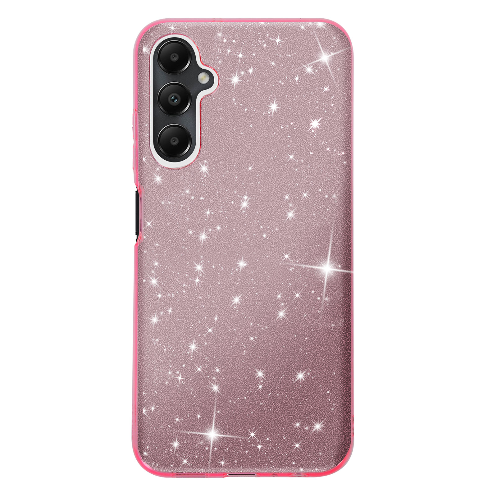 Custodia per telefono rosa glitterata, vista posteriore. Un telefono è all'interno. Il modulo fotocamera è visibile.