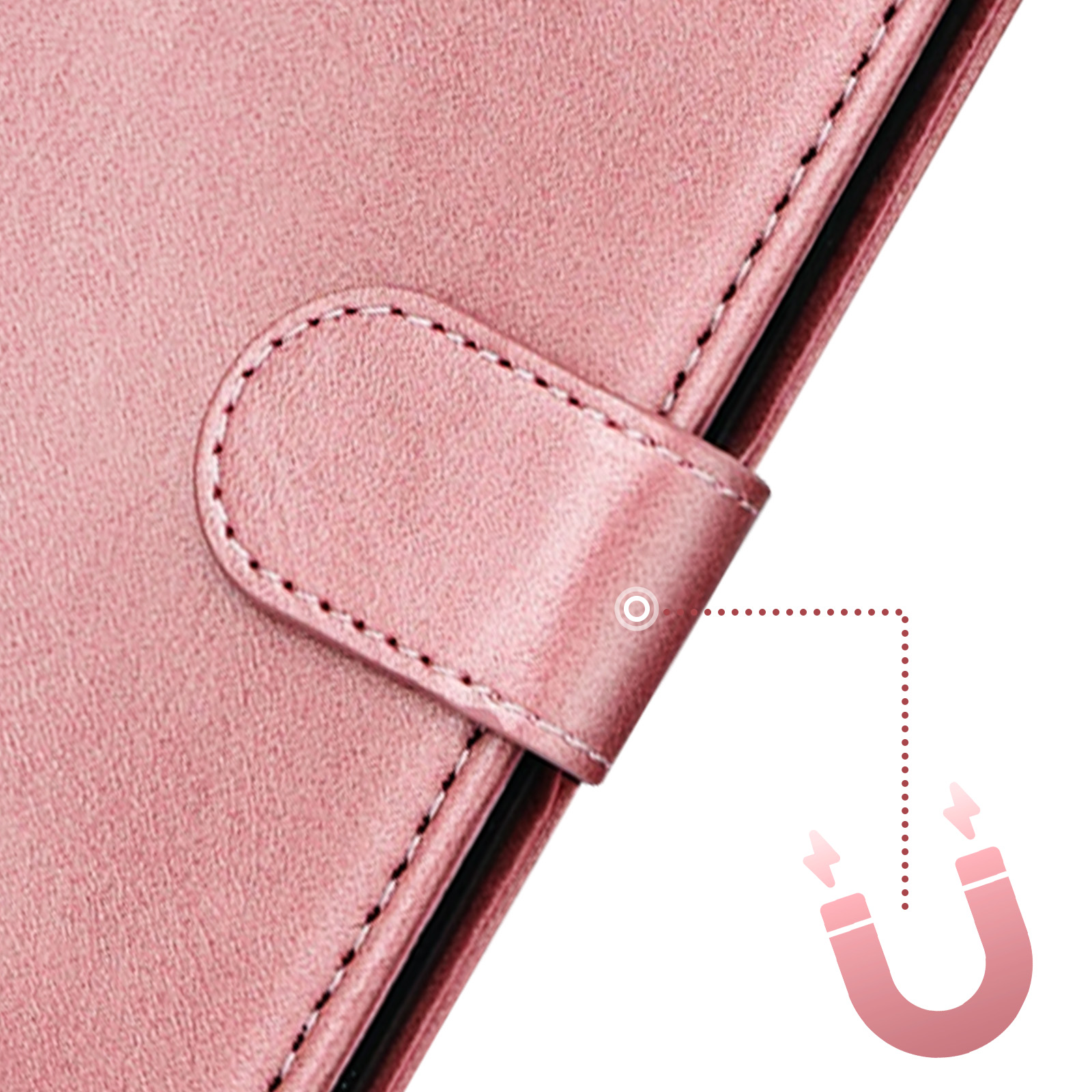 Primo piano di una custodia per telefono in pelle rosa con chiusura magnetica, con icona calamita.