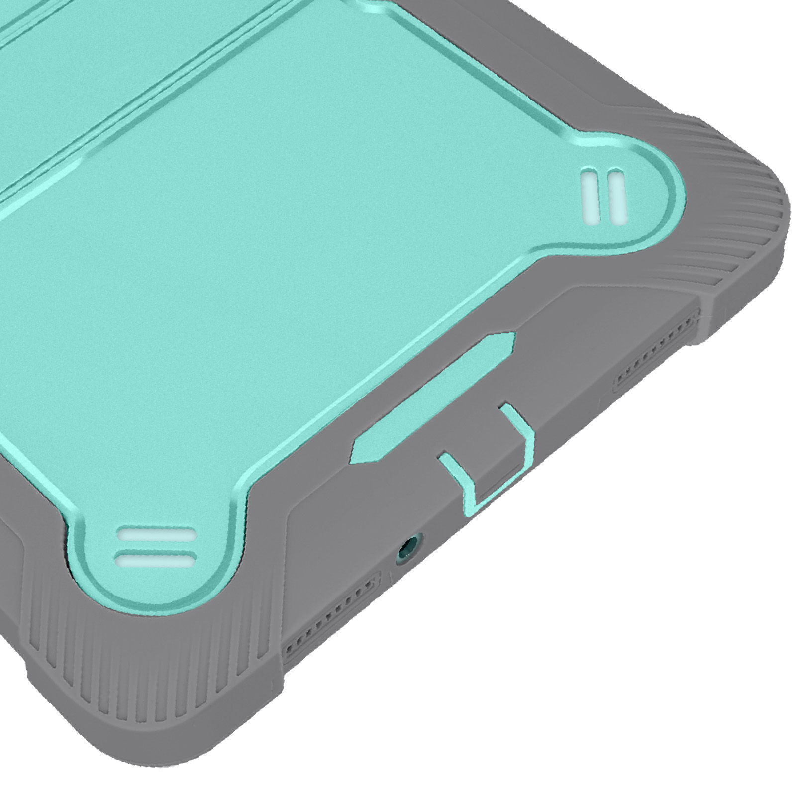 Primo piano della custodia del tablet, turchese e grigio, che mostra porta e pulsanti sul bordo.