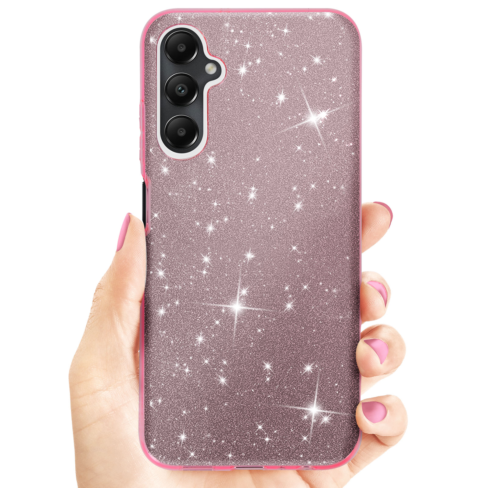 Una mano che tiene una custodia per telefono rosa glitterata con fotocamera e flash. Sfondo bianco.