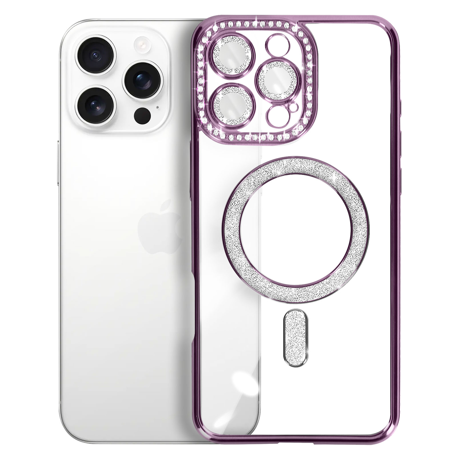 Telefono bianco con custodia trasparente con bordi viola ornata di strass. La custodia ha un accento a forma di anello e rettangolare.