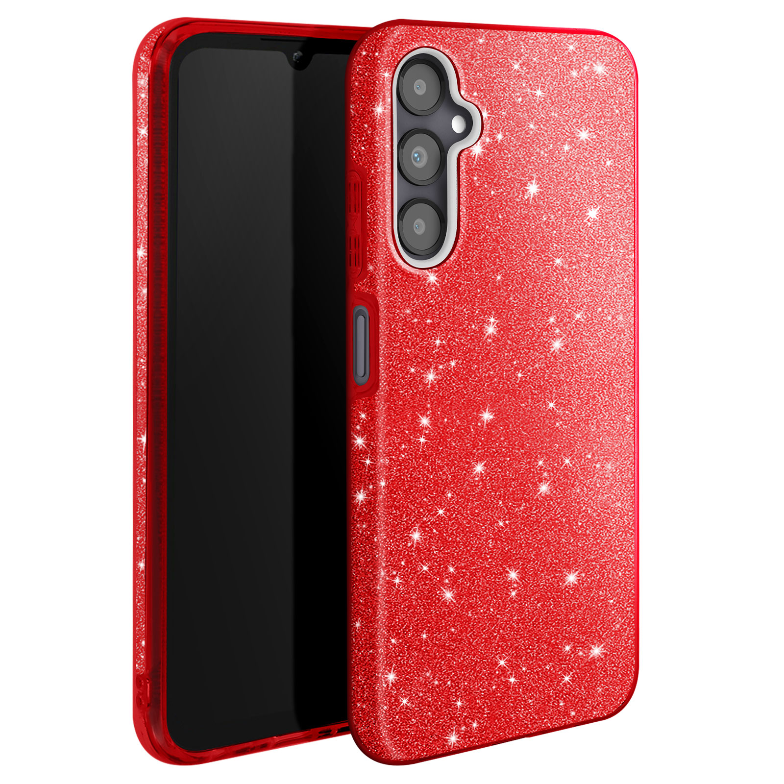 Una custodia rossa glitterata con un telefono all'interno. Il telefono ha tre fotocamere.