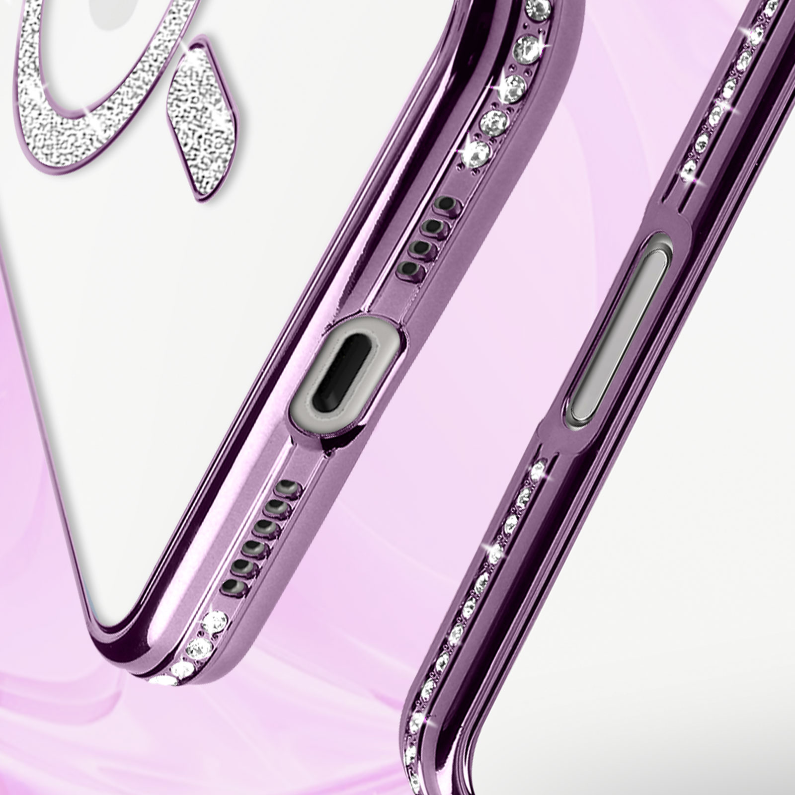 Primo piano di una custodia viola per telefono con dettagli in strass. La custodia ha ritagli per le porte.