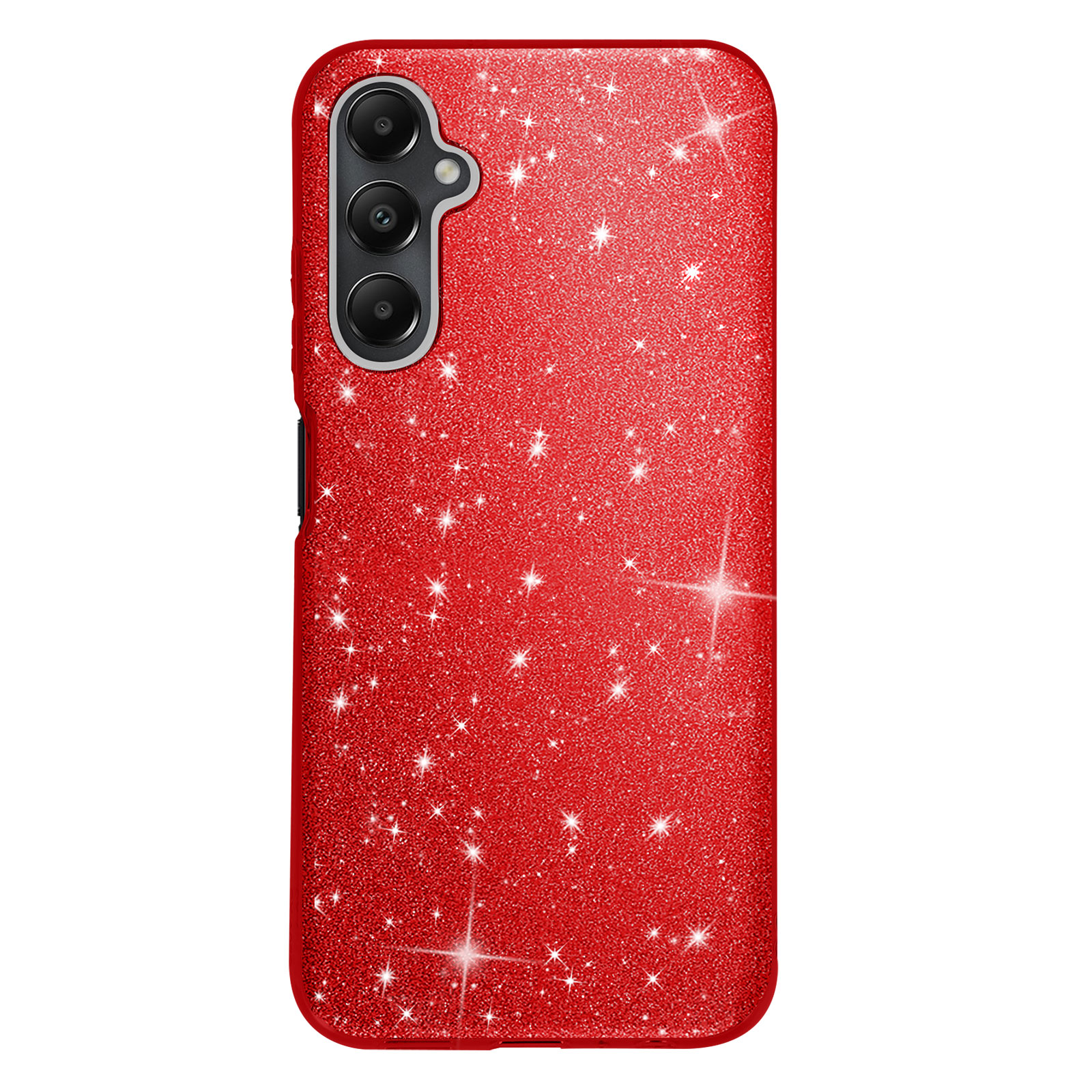 Custodia rossa glitterata con tre lenti. Stelle brillanti visibili.