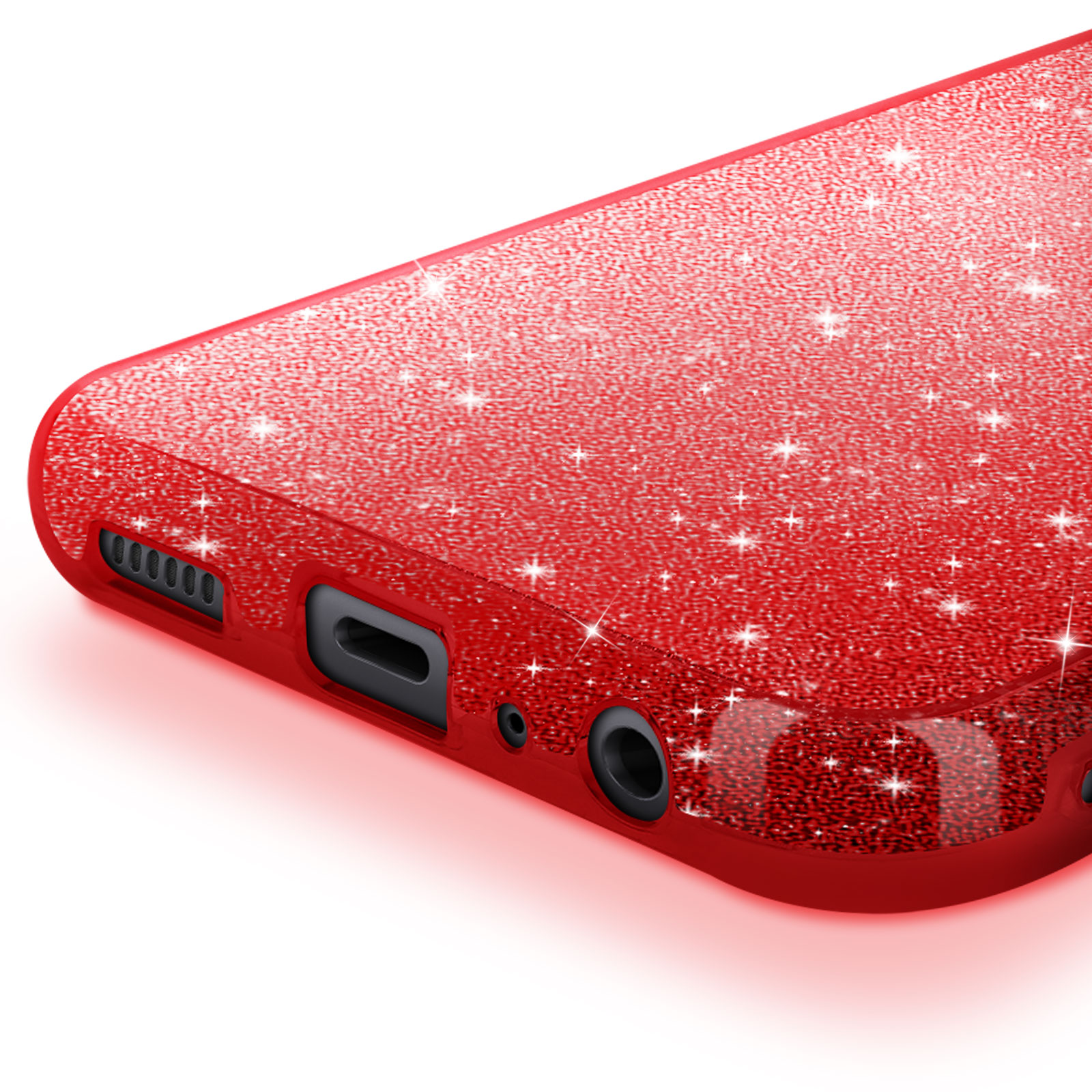 Primo piano di una custodia rossa glitterata. La custodia ha ritagli per porte e un jack per cuffie.