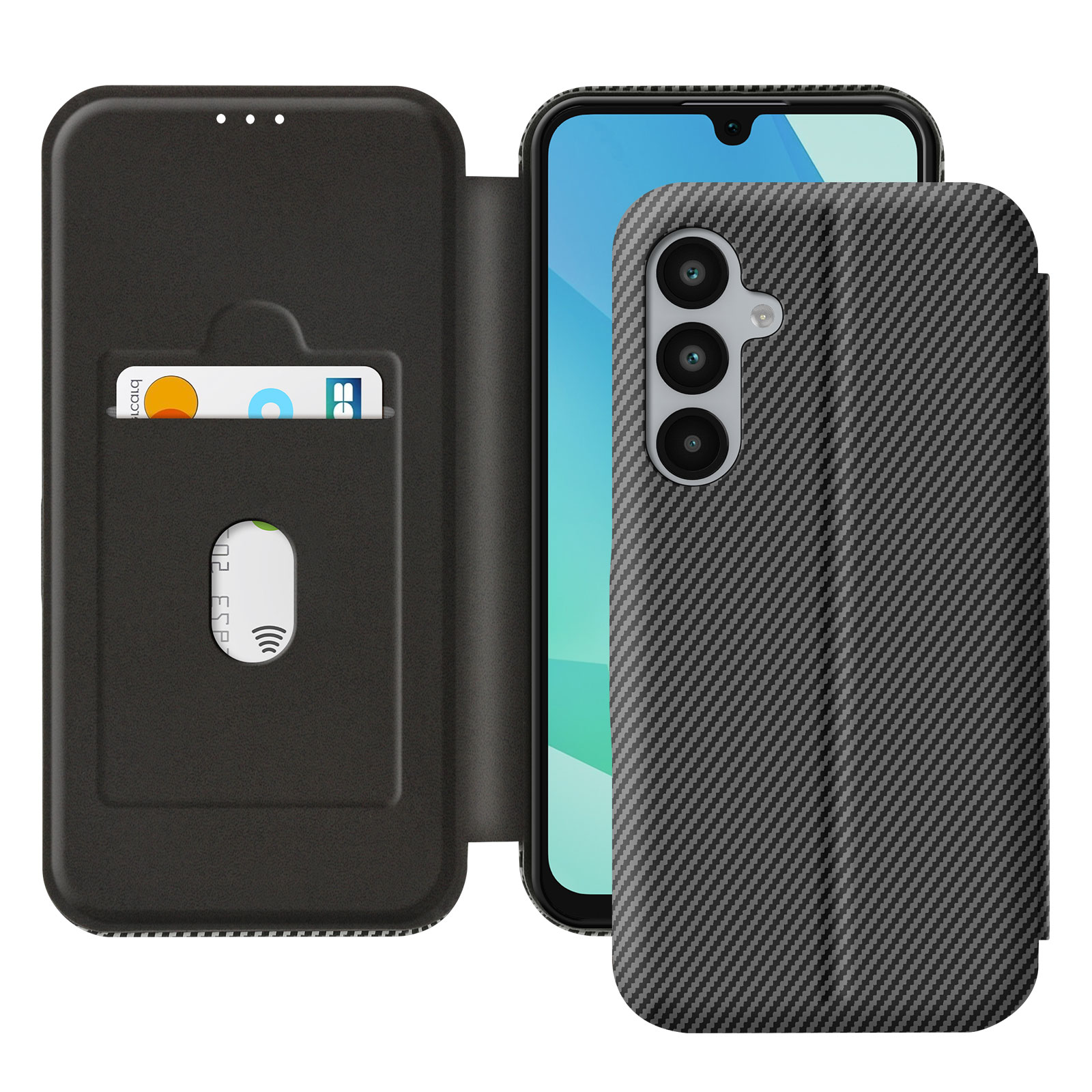 Telefono nero in una custodia aperta, che mostra uno slot per schede. Il telefono ha tre fotocamere.