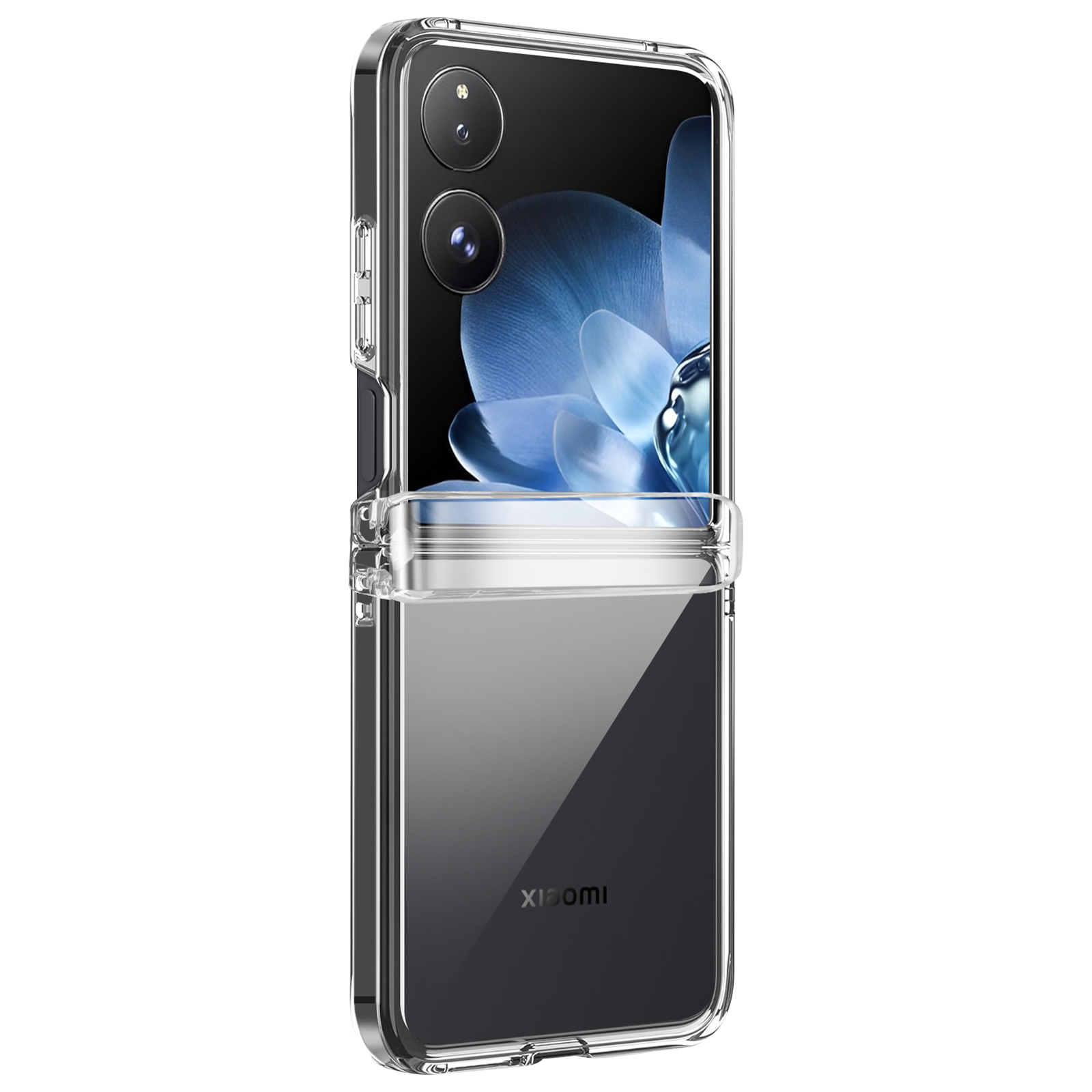 Custodia trasparente, aperta per rivelare un telefono con due fotocamere. Il telefono ha uno sfondo floreale.