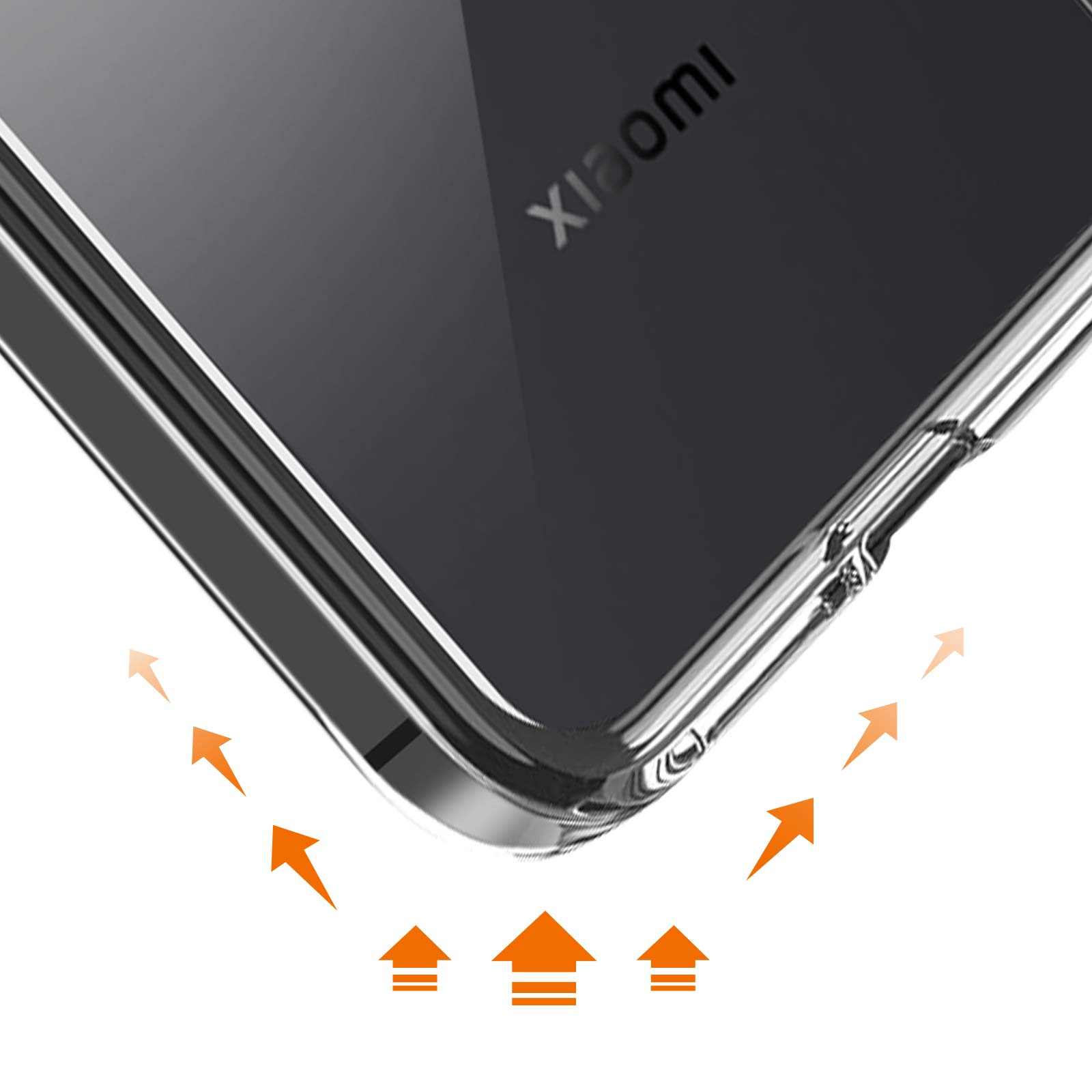 Una custodia trasparente per telefono mostra un design a frecce nella parte inferiore. Le frecce puntano verso l'alto.
