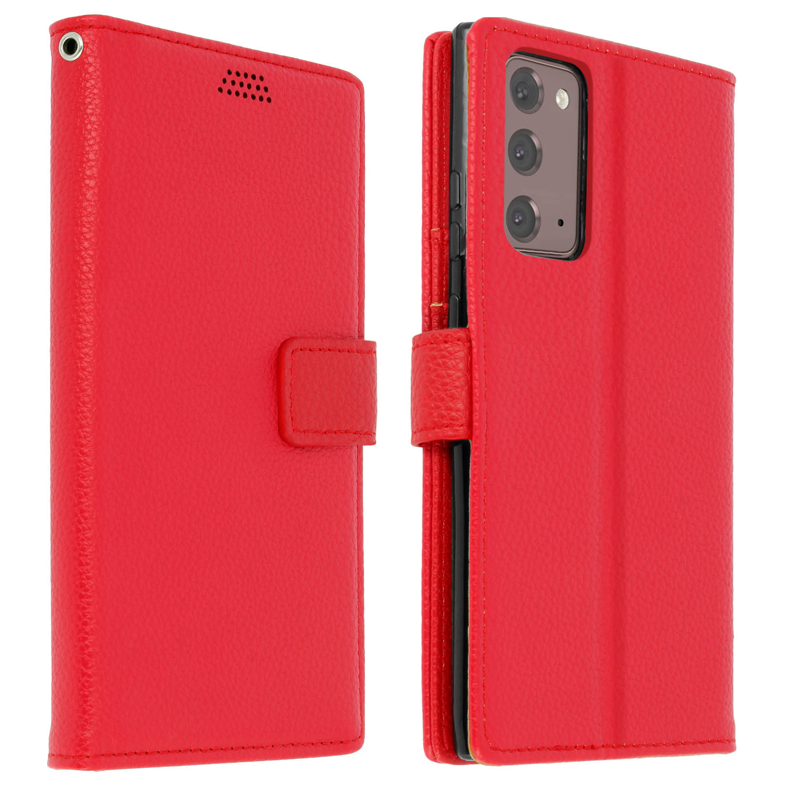 Custodia per telefono in pelle rossa, chiusa e aperta. Il telefono è dentro. Ha una chiusura magnetica.