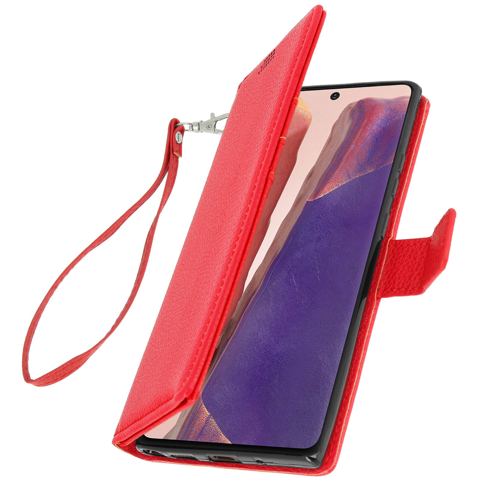 Una custodia rossa per telefono è aperta, mostrando un telefono. Ha un cinturino da polso.