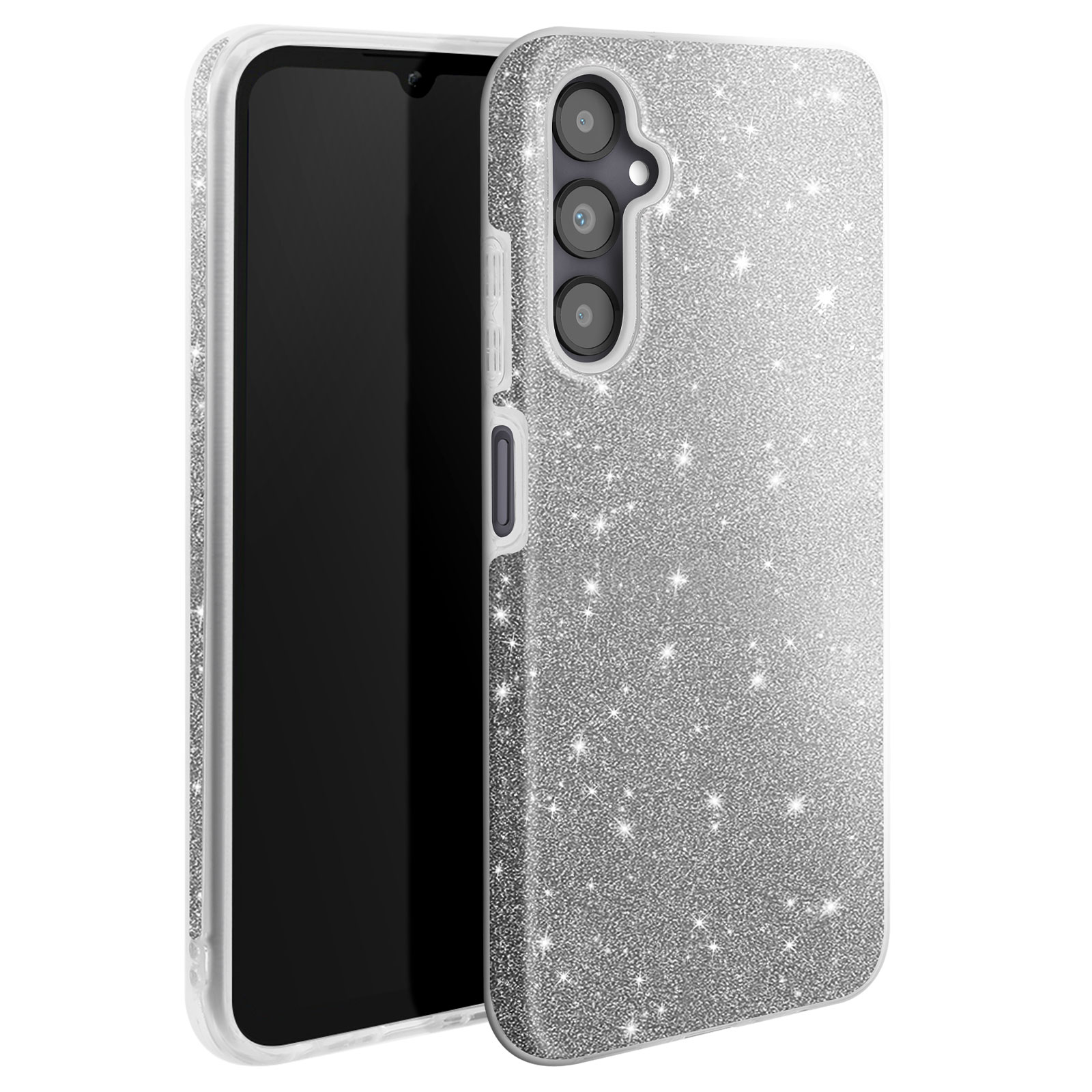Custodia per telefono argentata glitterata. Ha un effetto sfumato. L'area della fotocamera è visibile.