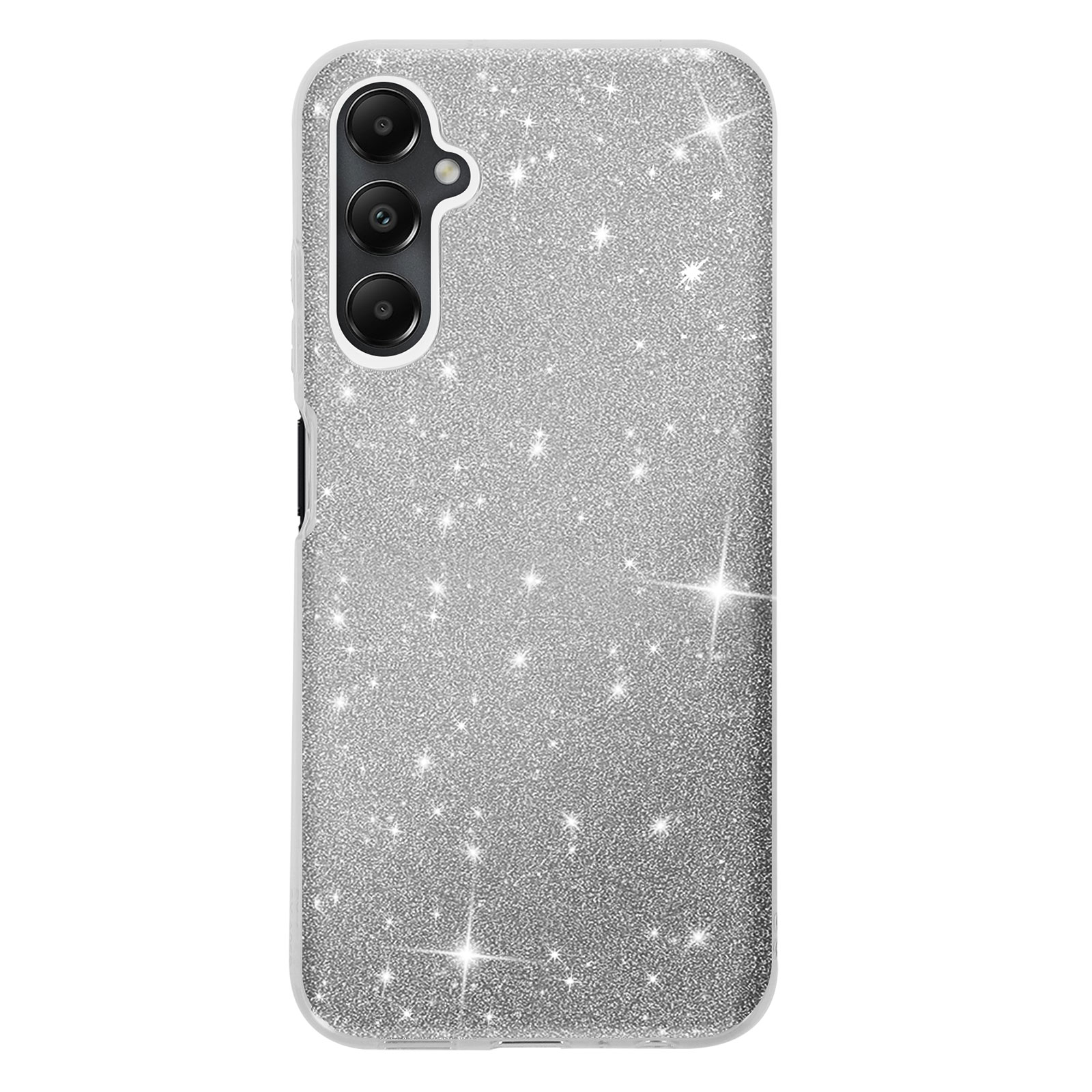 Custodia per telefono con glitter argento con sporgenza per fotocamera su una superficie bianca. Tre lenti visibili.