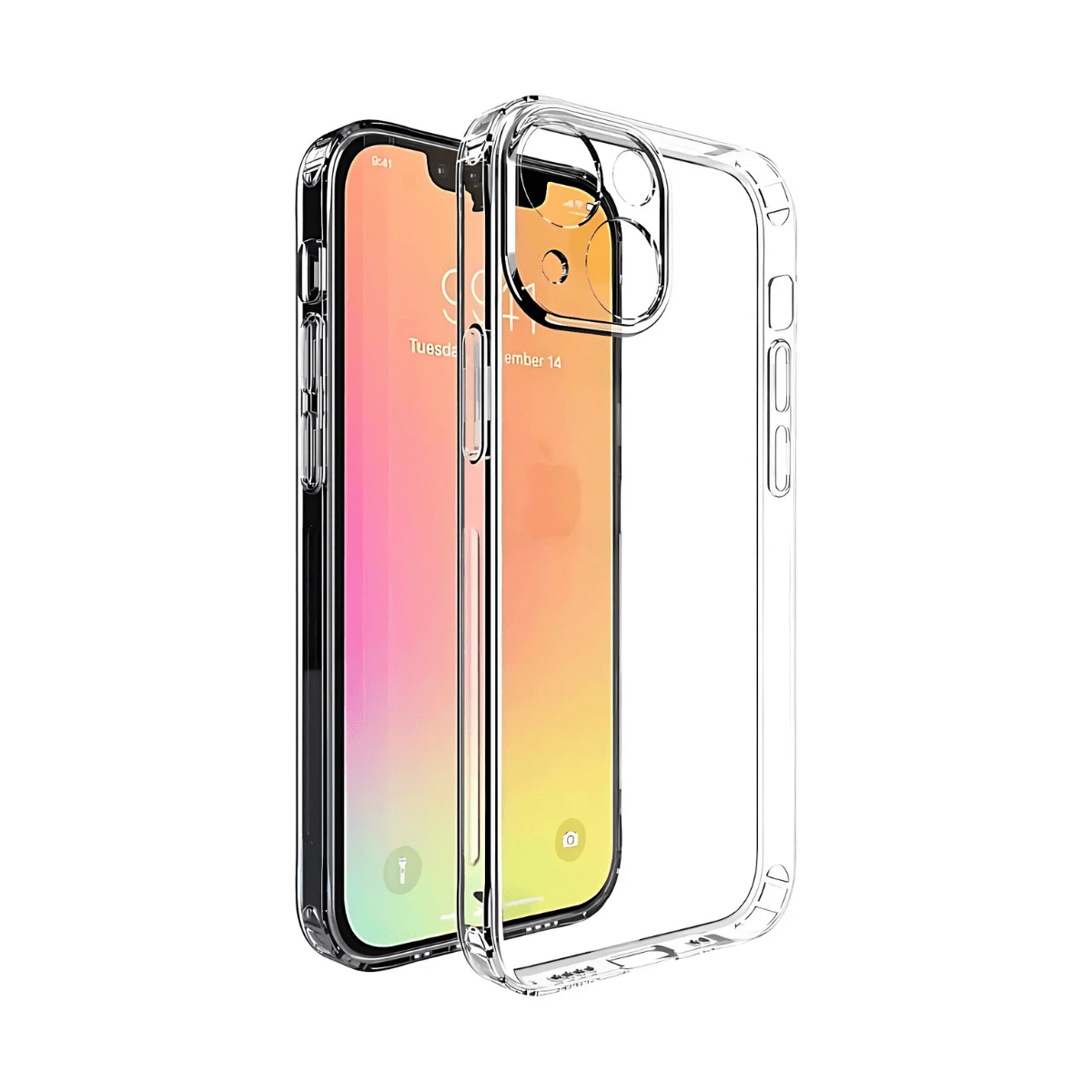 Custodia trasparente per telefono. iPhone all'interno, che mostra lo schermo. La custodia è trasparente.