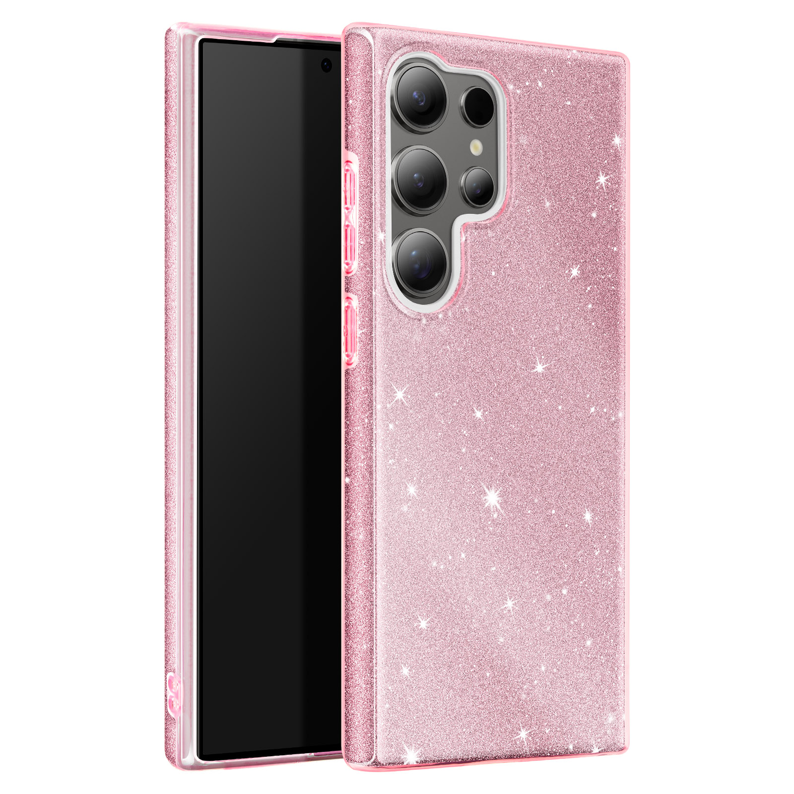 Custodia per telefono rosa glitterata con telefono all'interno. Tre fotocamere sul retro.