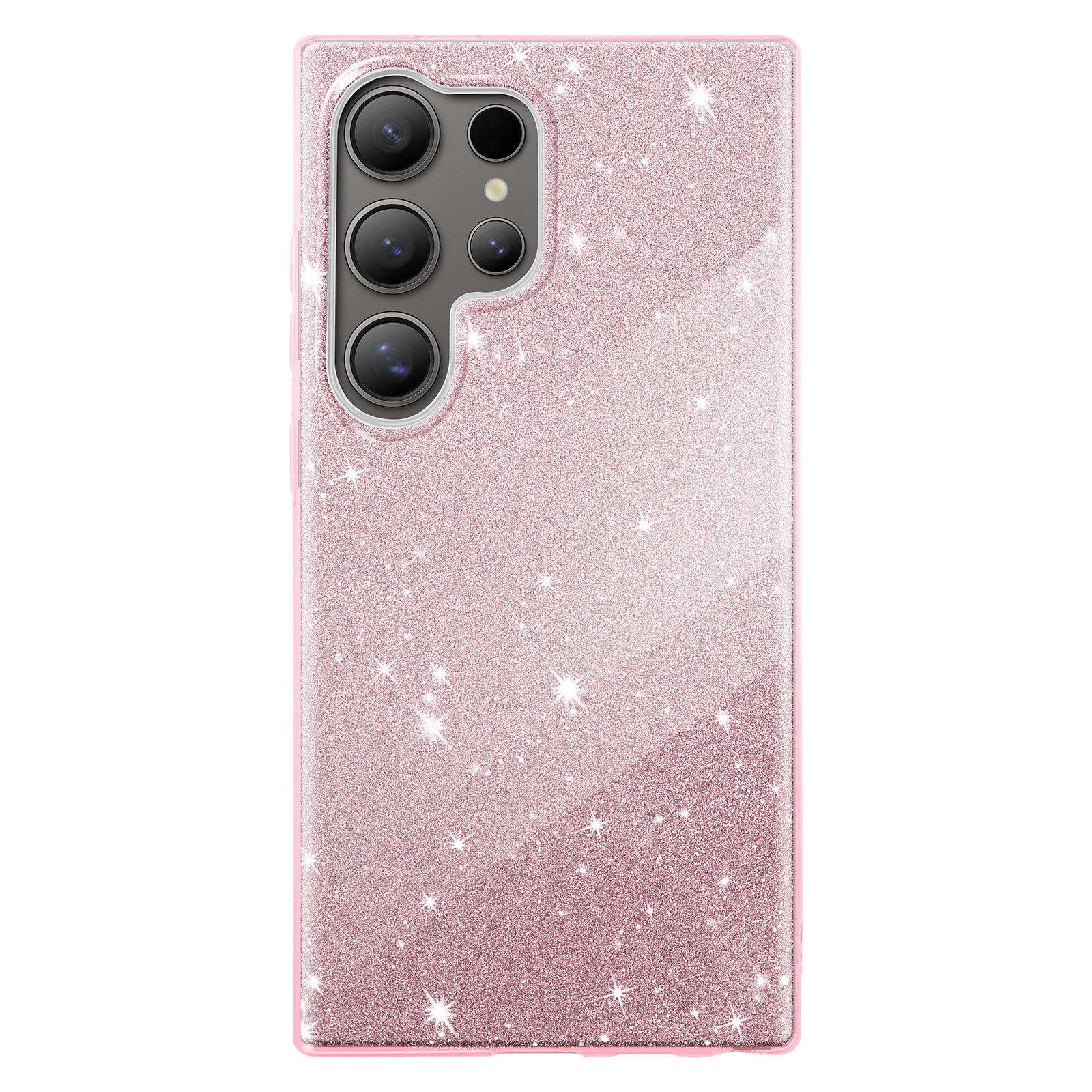 Custodia per telefono rosa glitterata. Ha un bordo trasparente. Il telefono ha tre fotocamere.