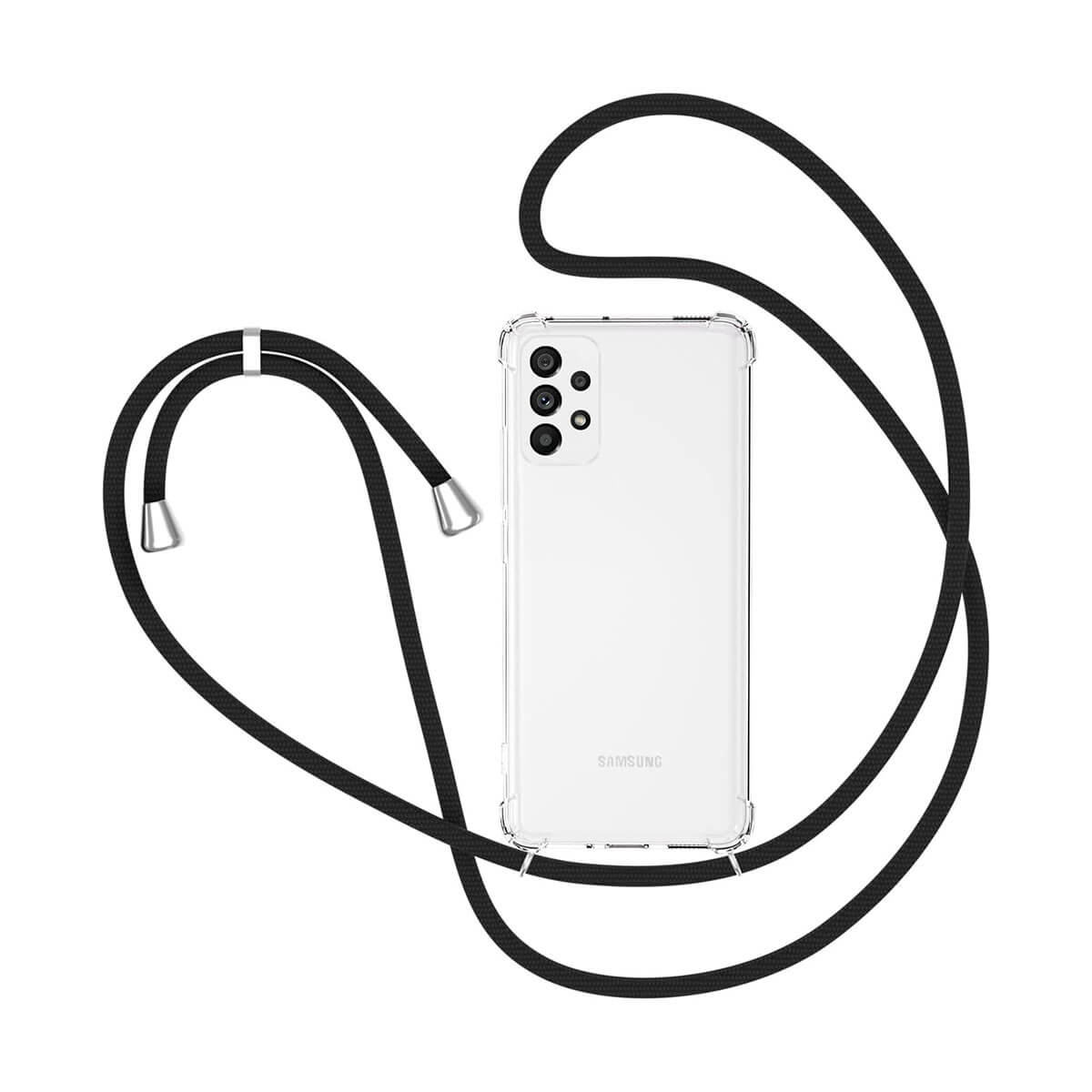Telefono con cordino. Il telefono è in una custodia trasparente. Cordino nero con dettagli argentati.