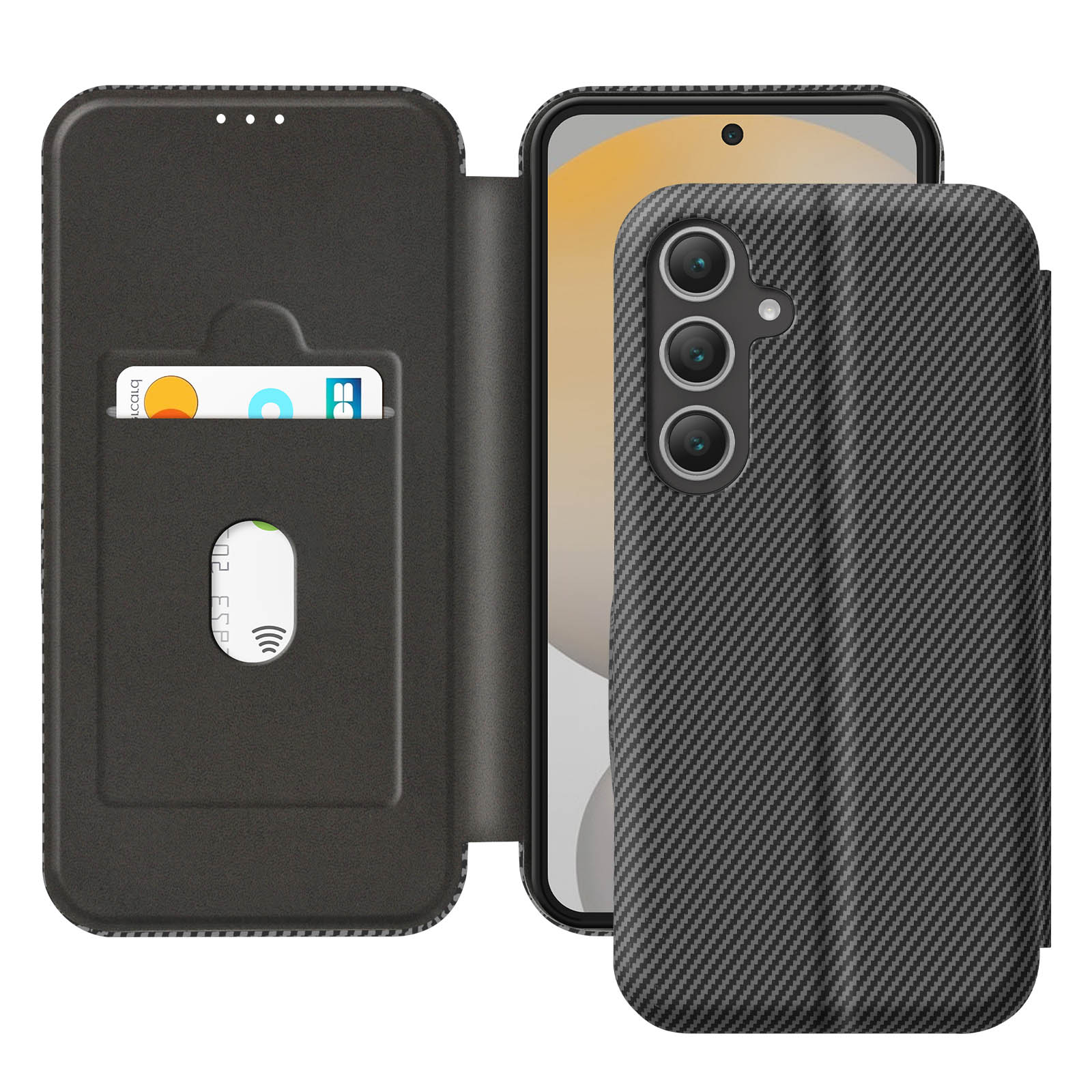 Custodia per telefono nera con tasca per carte e telefono con tre fotocamere.