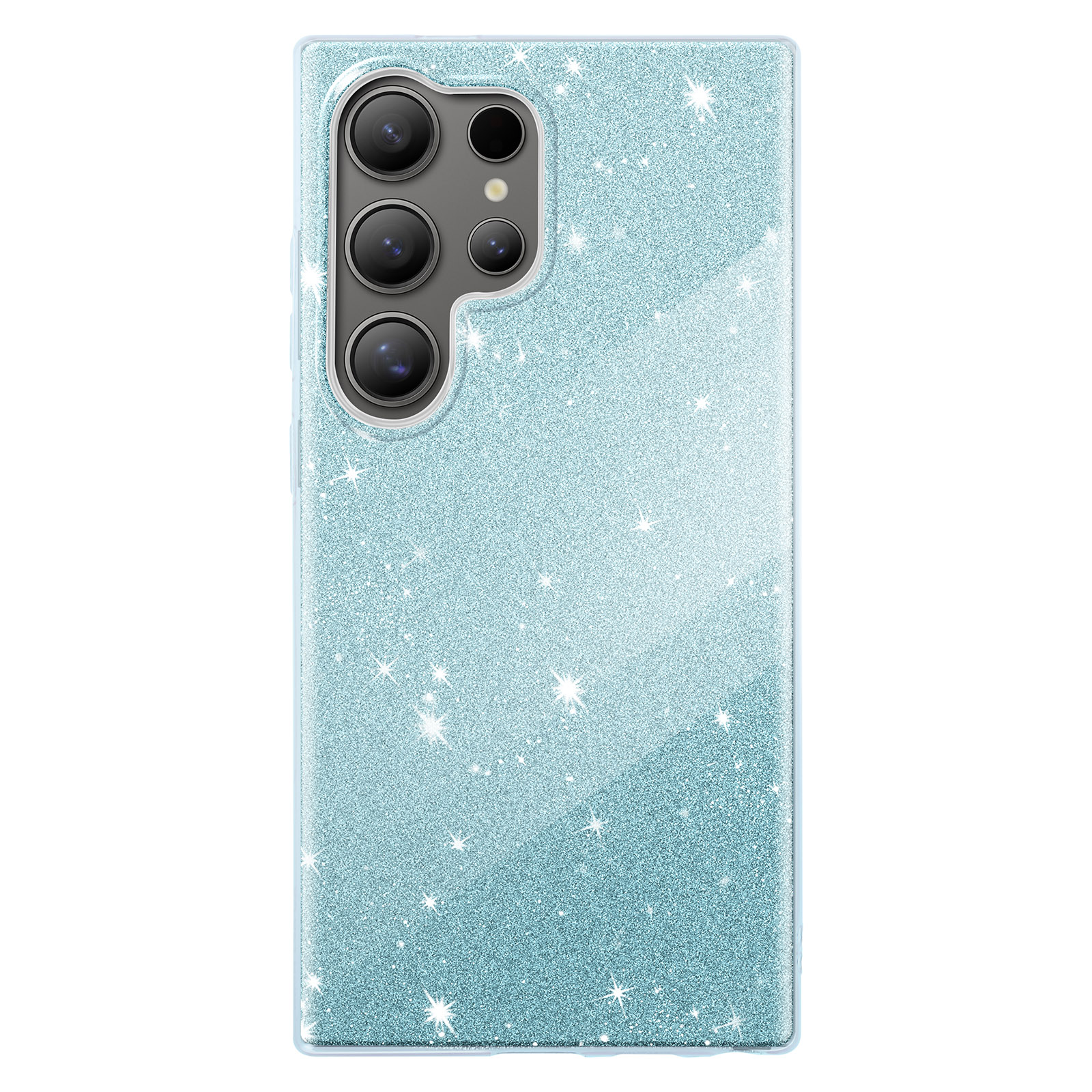 Custodia per telefono con glitter azzurri, che mostra le fotocamere.