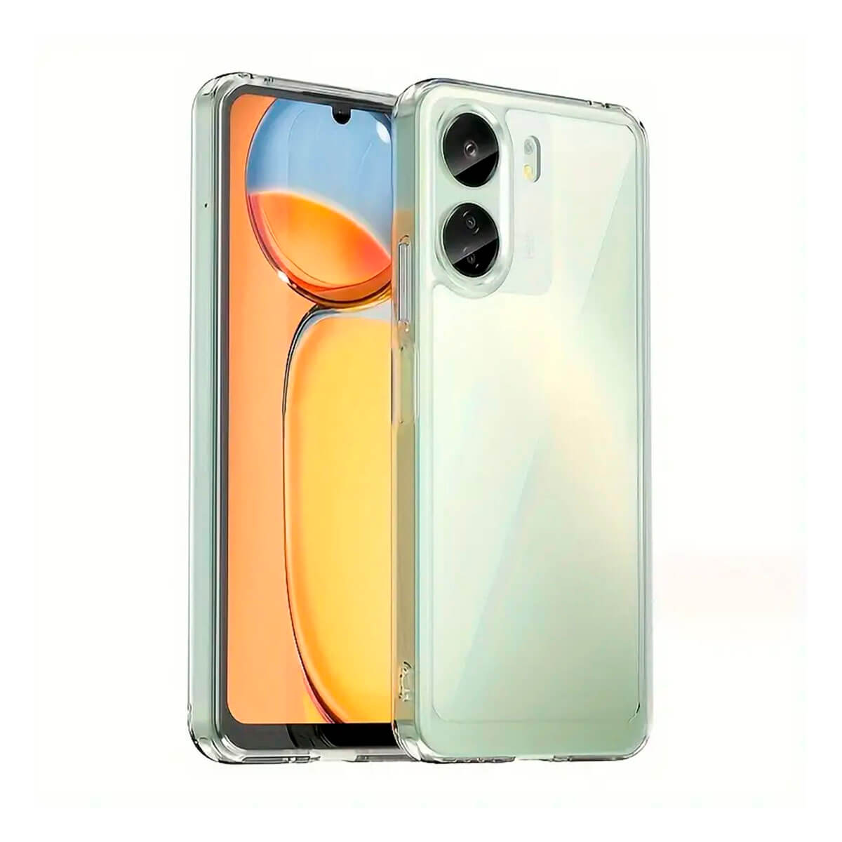 Custodia trasparente per telefono, telefono parzialmente all'interno. Fotocamera e schermo visibili.