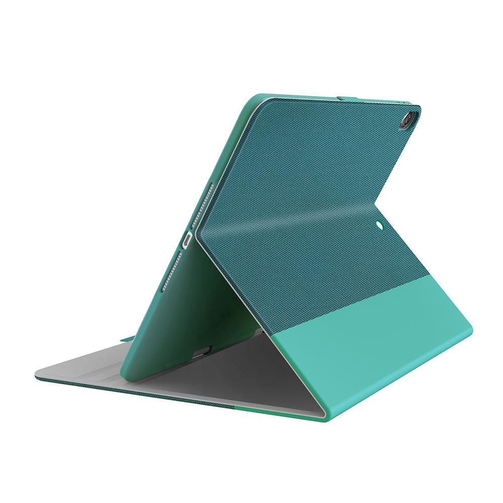 Tablet in una custodia verde acqua e grigia, aperta, che mostra lo schermo e il retro.