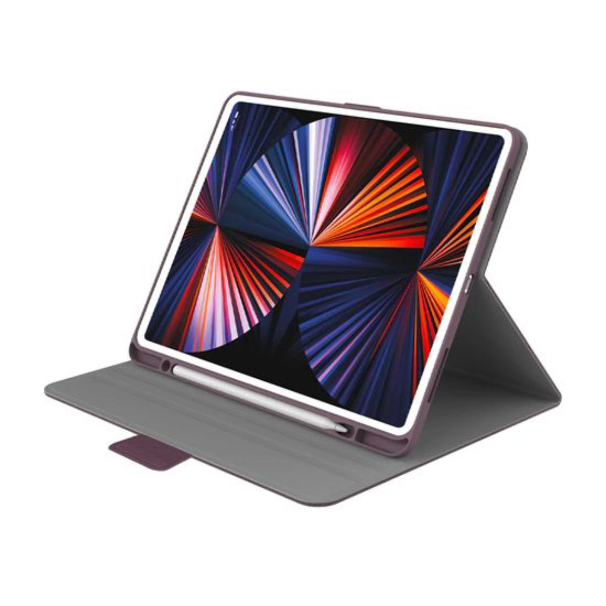 Tablet in custodia viola, aperto ad angolo, con stilo visibile.