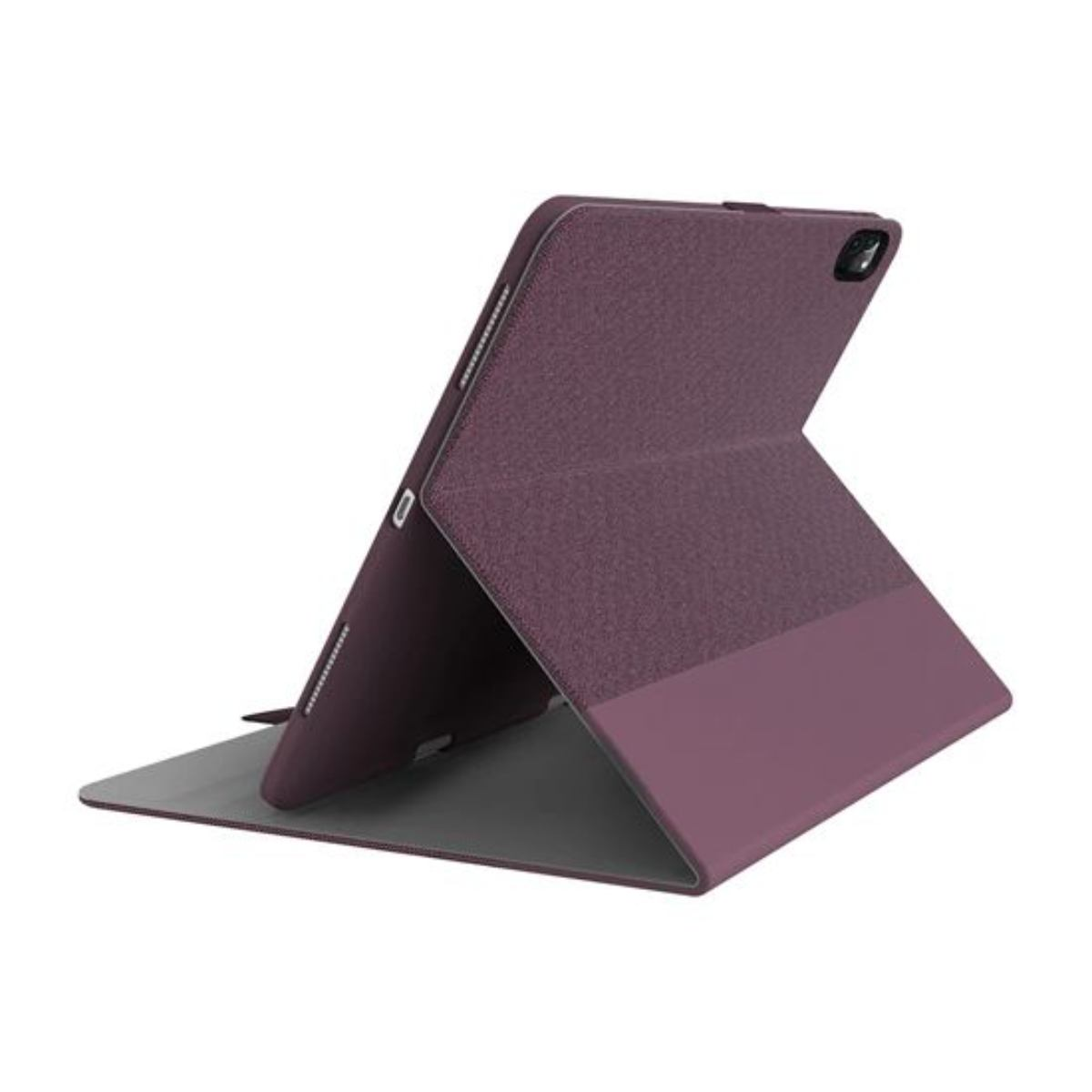 Tablet in una custodia viola e grigia, aperta, che mostra lo schermo e il retro.
