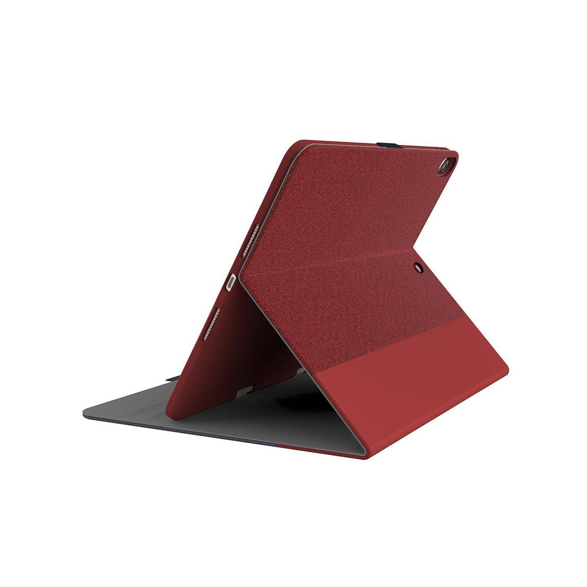 Custodia per tablet rossa, aperta ad angolo, che mostra il retro del tablet.