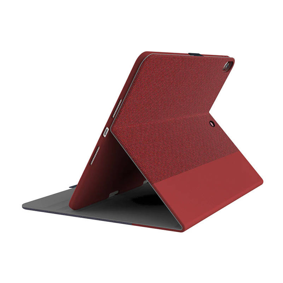 Custodia rossa per tablet, aperta. Il tablet è dentro. Sfondo bianco.