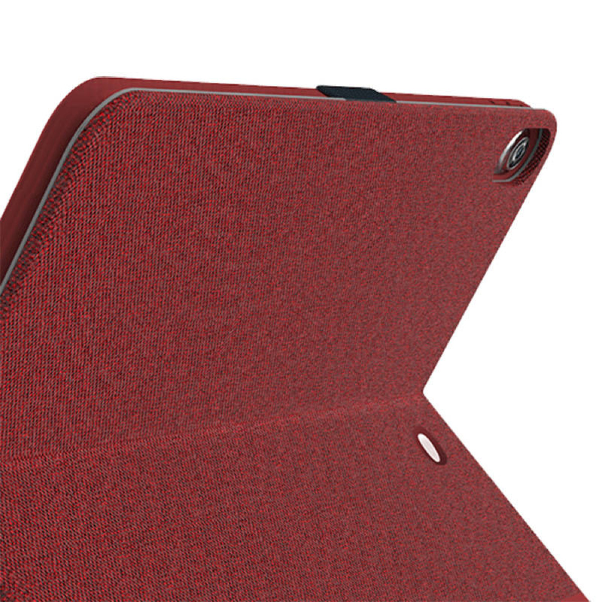 Custodia per tablet rossa, aperta ad angolo, con superficie strutturata.