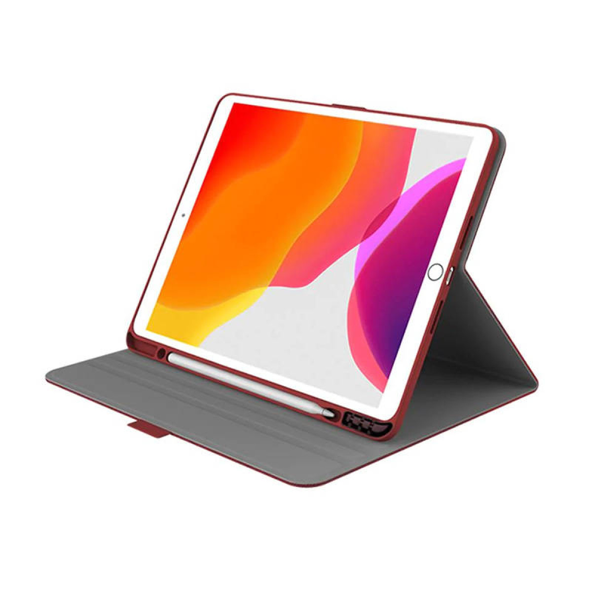 Custodia per tablet rossa, aperta ad angolo, con schermo che mostra un'immagine colorata.
