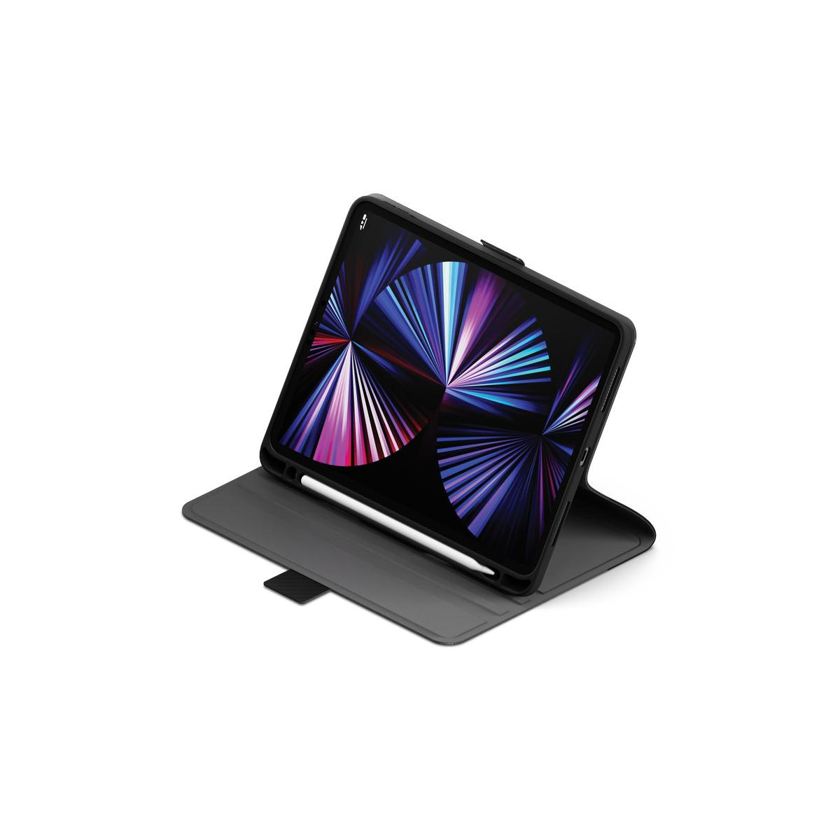 Custodia per tablet con cornice nera, aperta ad angolo, che mostra un'immagine colorata.