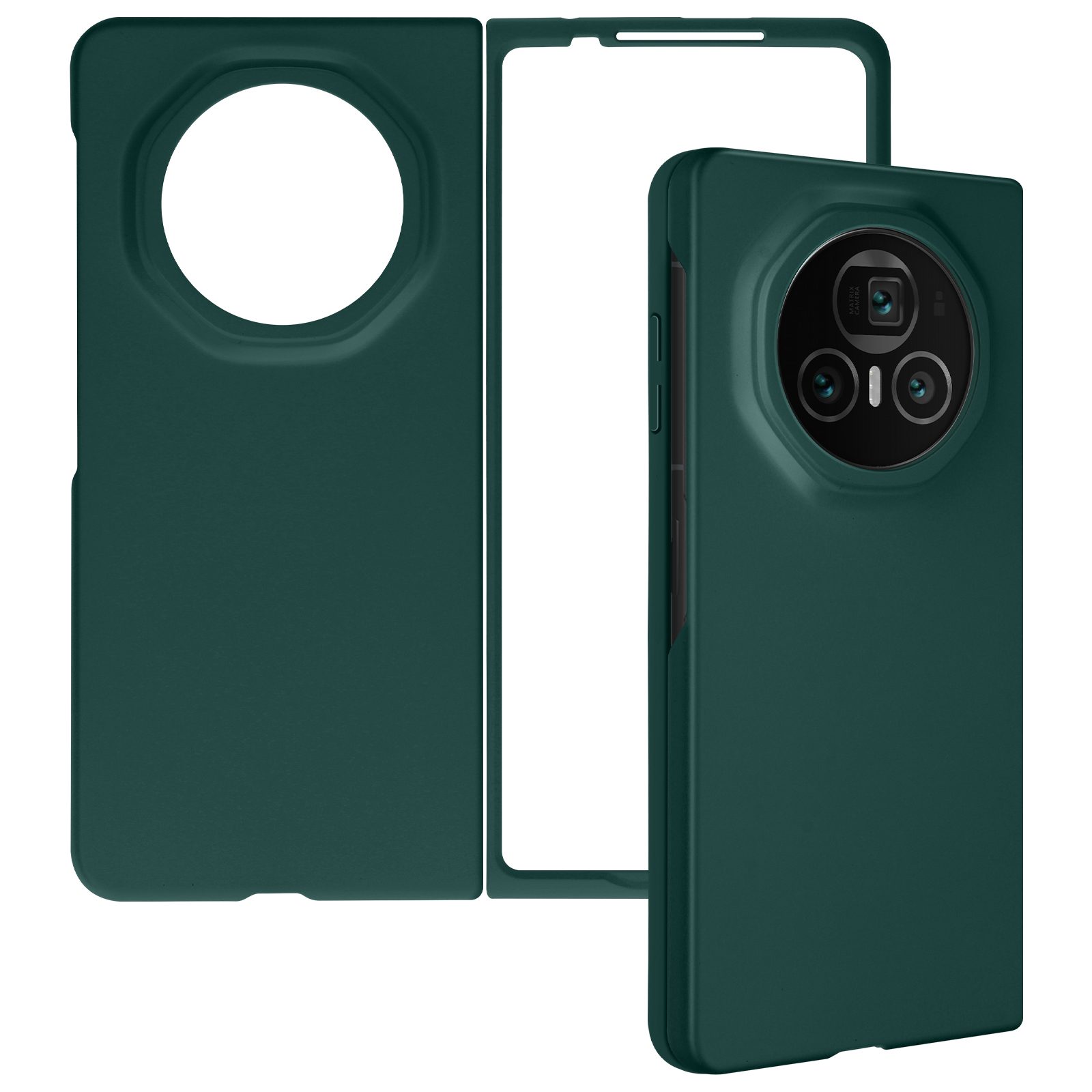 Custodia e cornice verde per telefono. Visibile un foro circolare per la fotocamera. Sfondo bianco.