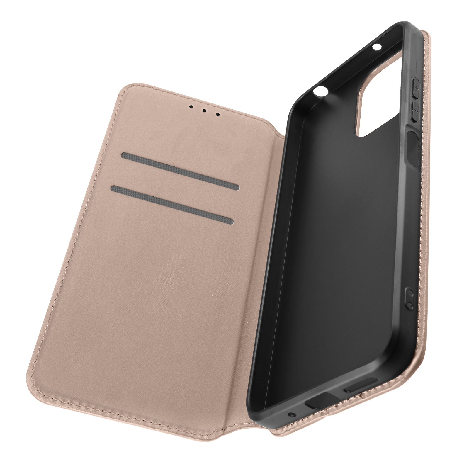 Custodia beige per telefono, aperta, con un telefono all'interno. Fessure per carte visibili. Sfondo nero.
