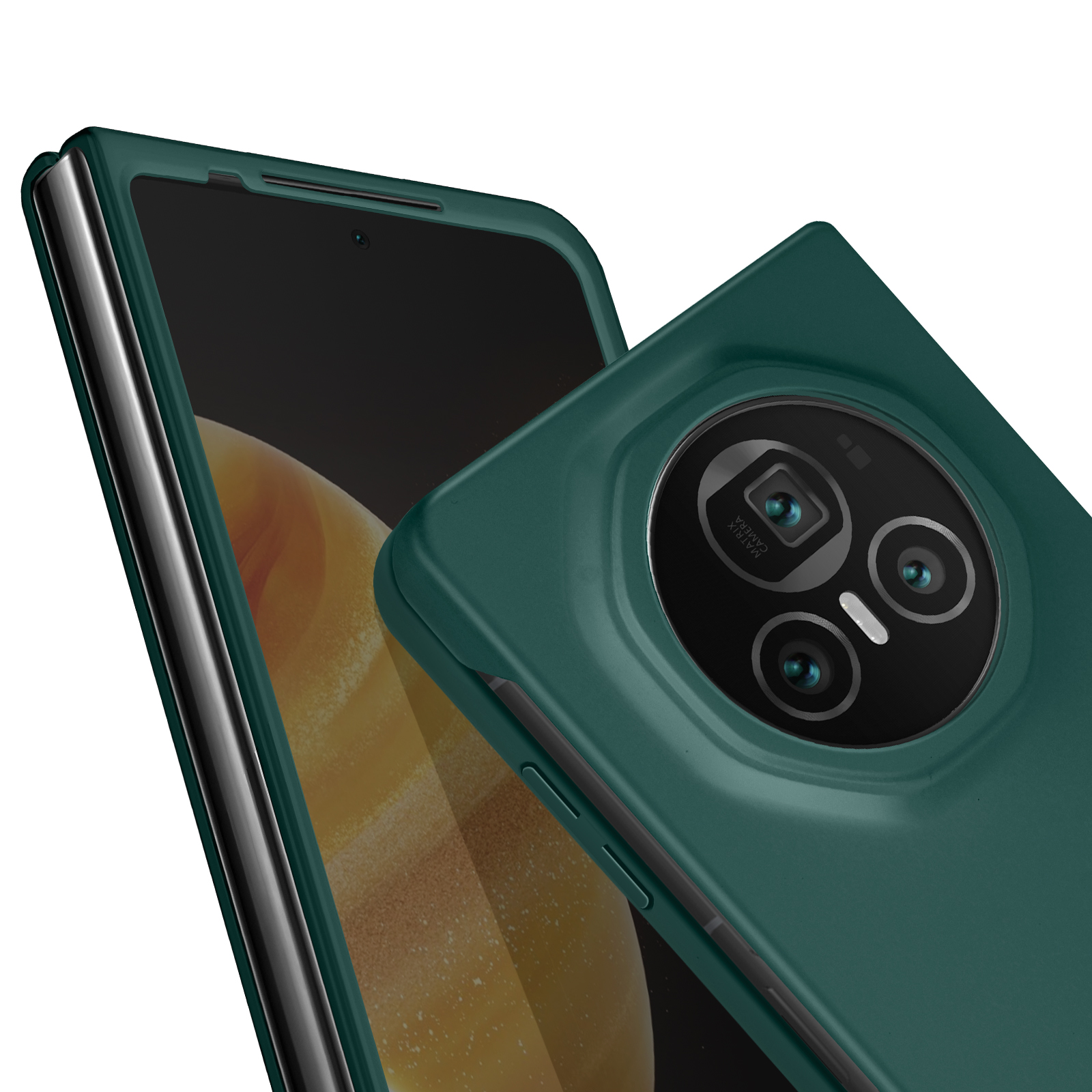 Custodia per telefono verde scuro, primo piano della fotocamera e delle lenti.