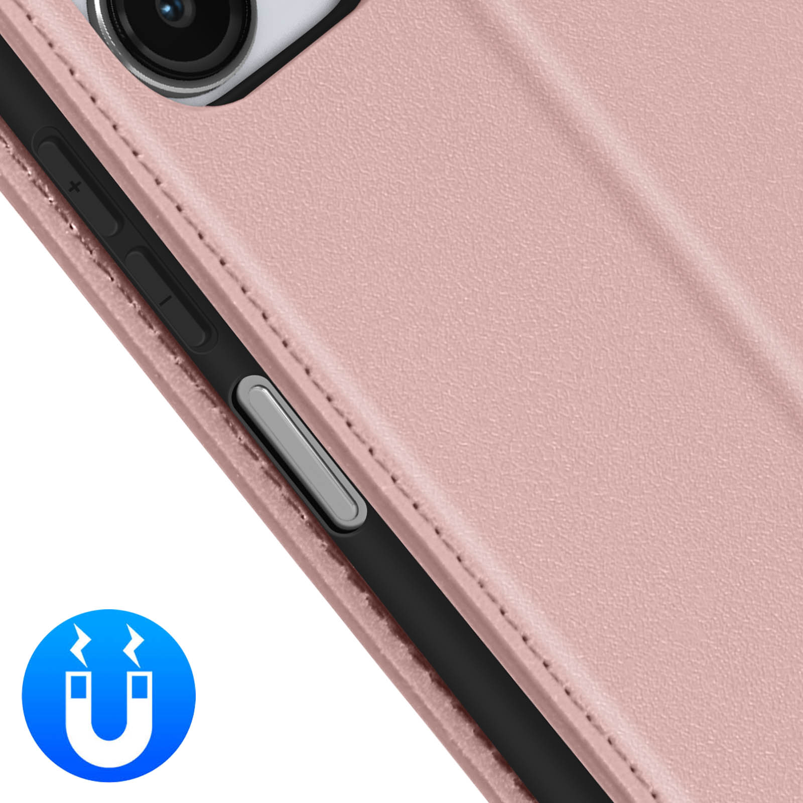 Primer plano de una funda rosa. Lado de un teléfono. Icono de imán en la parte inferior.