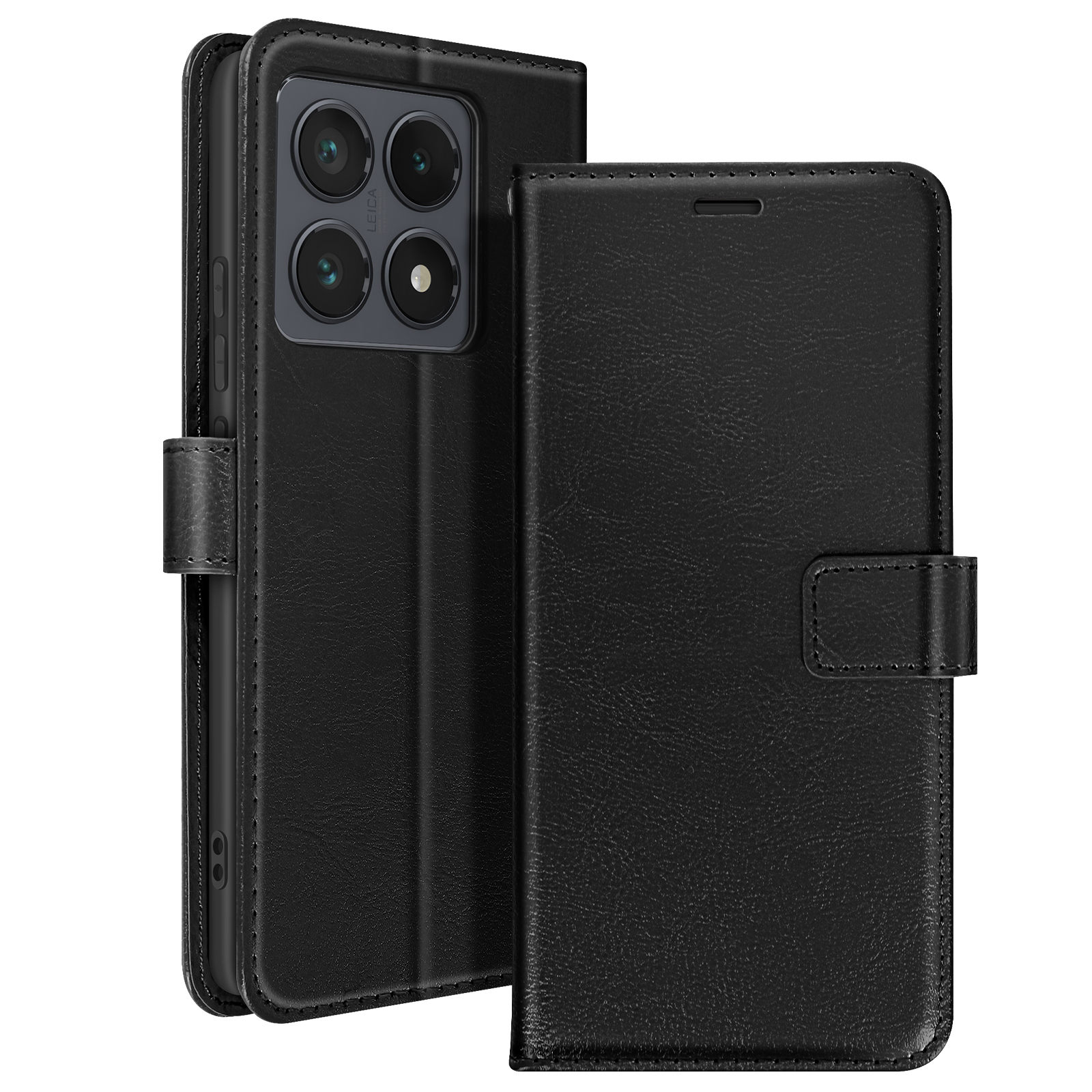 Custodia nera per telefono con ritagli per fotocamera. Il telefono è all'interno.