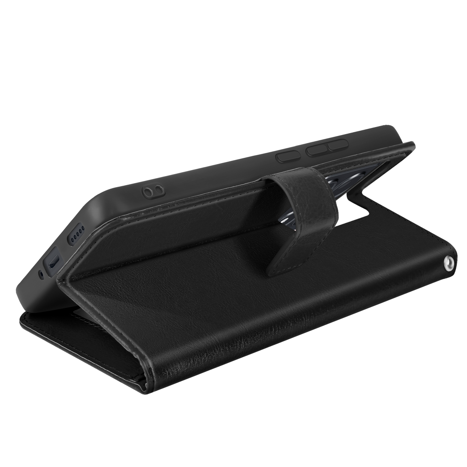 Telefono nero in custodia nera, aperto. Sfondo bianco. La custodia ha una patta magnetica.