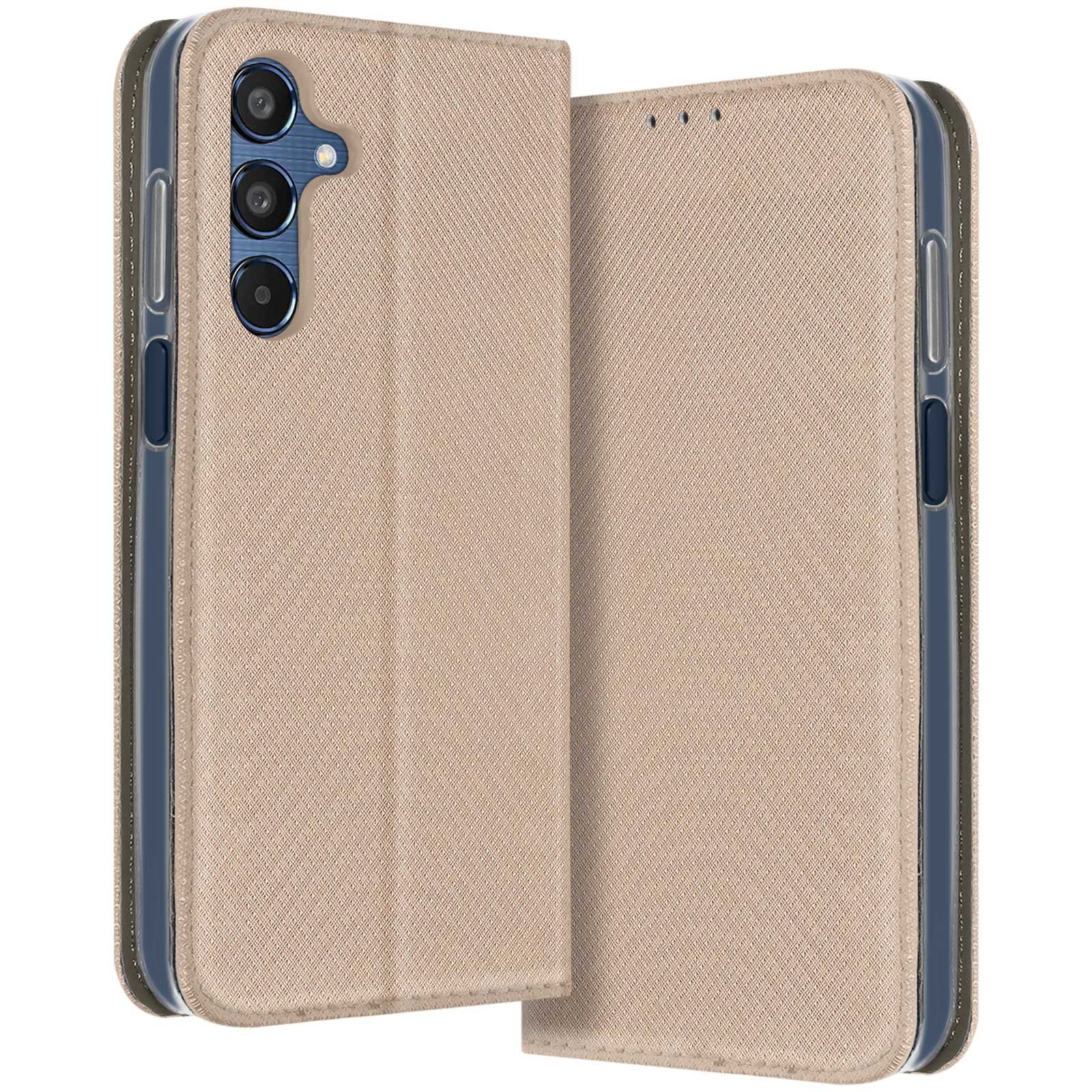 Una custodia per telefono, aperta, beige, rivela un telefono con tre fotocamere.