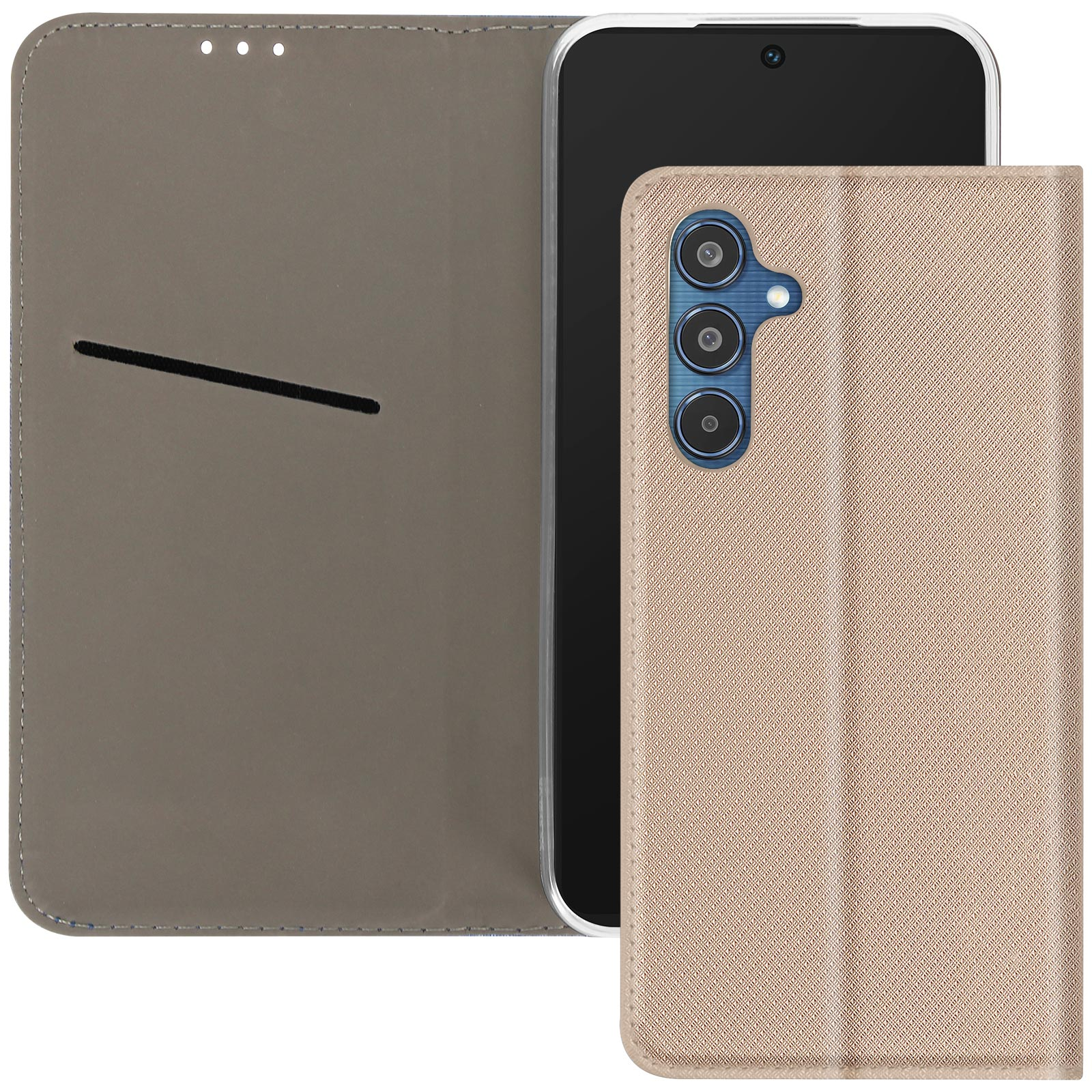 Custodia per telefono aperta, con telefono all'interno. Copertura beige a destra.