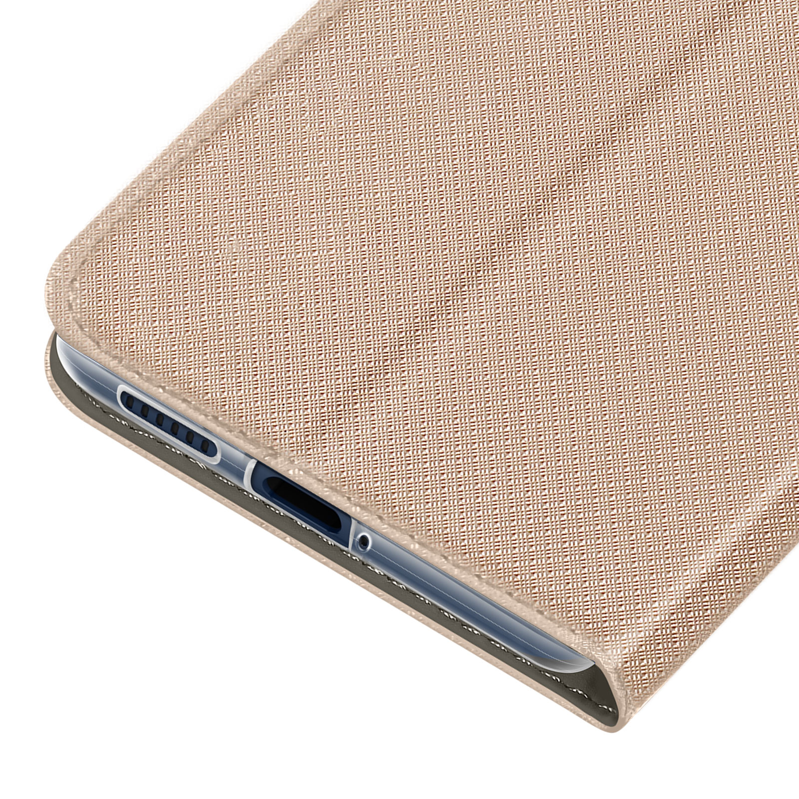 Primo piano di una custodia beige per telefono. Superficie strutturata visibile.