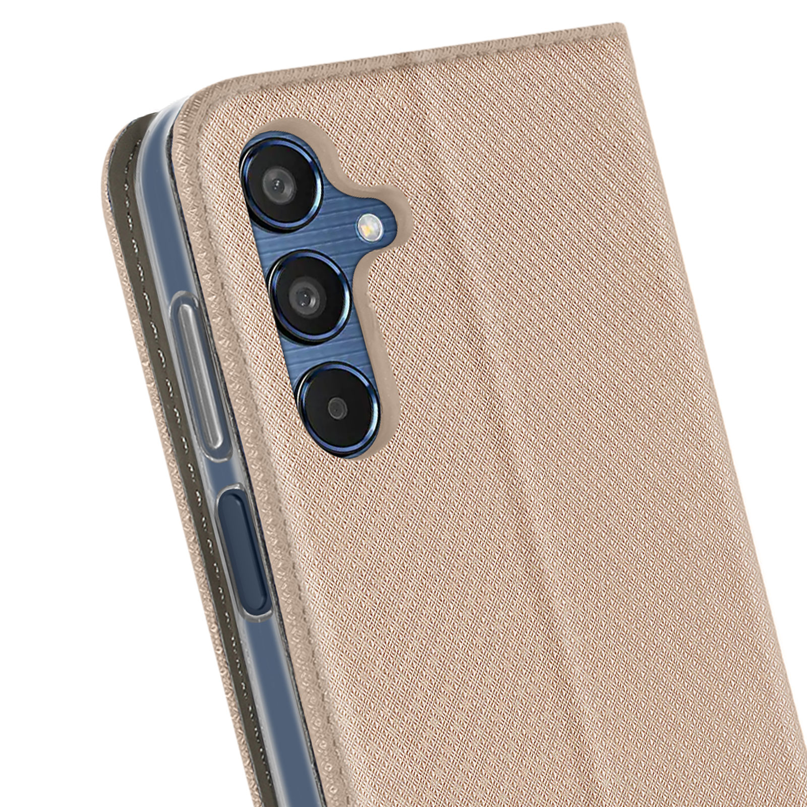 Una custodia per telefono, aperta, beige, che rivela un telefono con tre fotocamere.