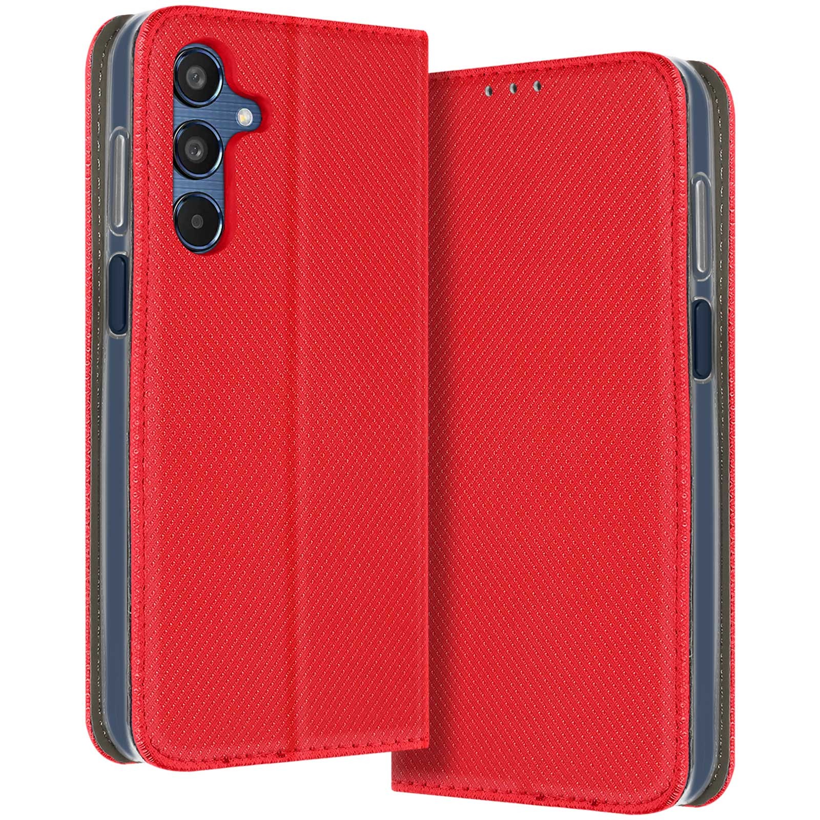 Custodia rossa per telefono, aperta. Telefono con fotocamere visibili all'interno.