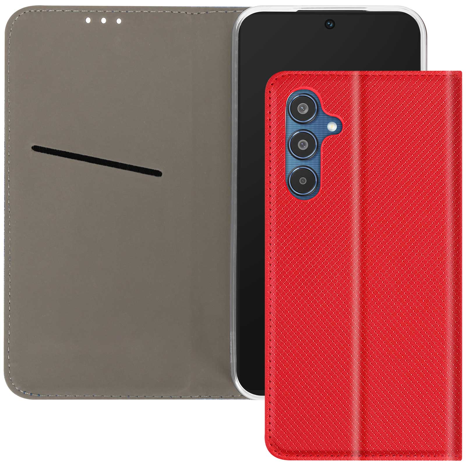 Custodia del telefono aperta. Custodia rossa con copertura grigia. Telefono nero all'interno. Sfondo bianco.